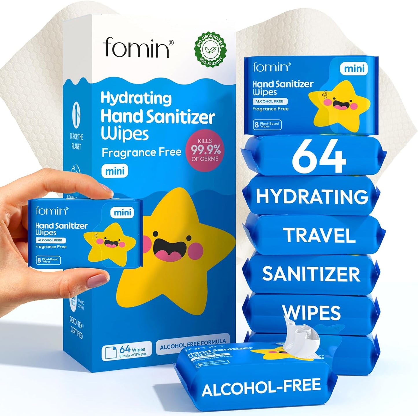 Fomin Mini Hand Sanitizer Wipes 8 Pack (8 Count) - Fragrance Free Mini Wet Wipe - pH Balanced, Biodegradable, Antibacterial On The Go Hand Sanitizing Wipes - Hypoallergenic, Plant-Based Travel Wipe