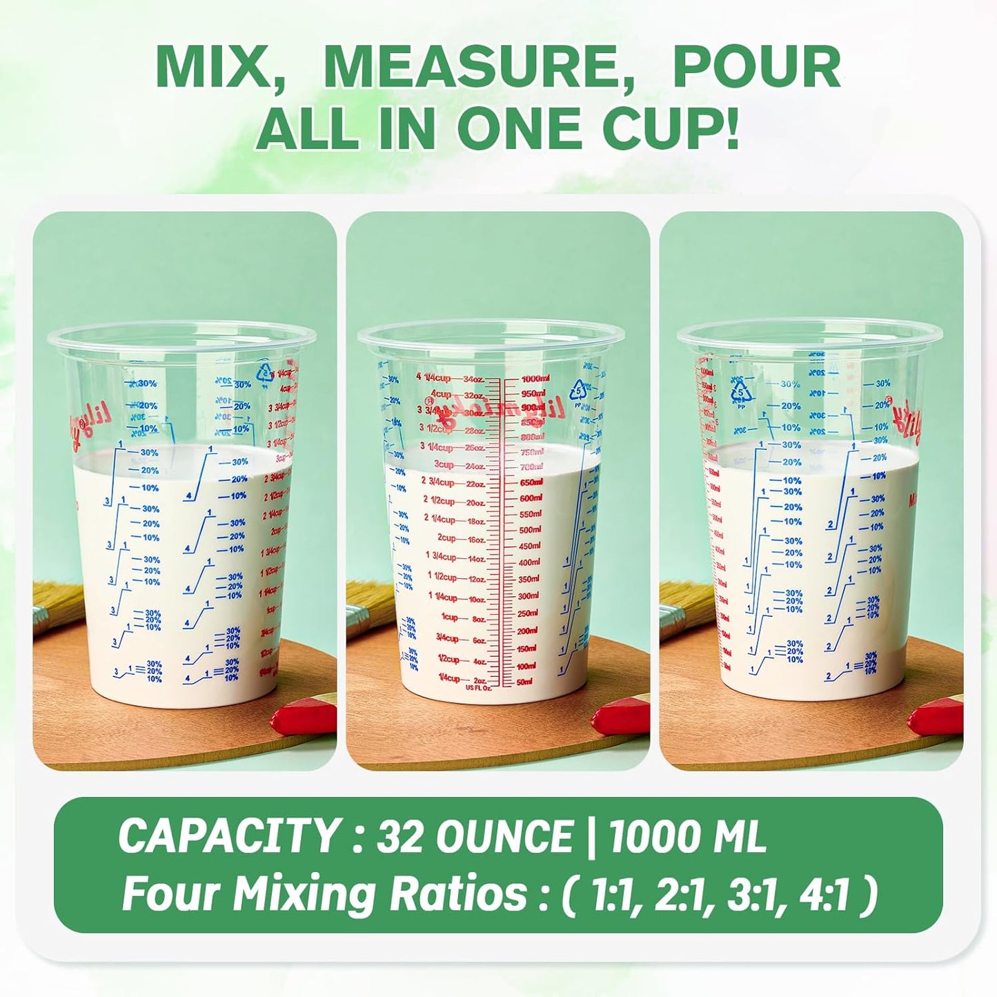 25 PACK Plastic Measuring Cups, 32 oz (1000ml) Disposable Mixing Cups, Measurement ratios: 2:1, 3:1, 4:1, Perfect for Epoxy Resin, Paint Mixing, Art DIY