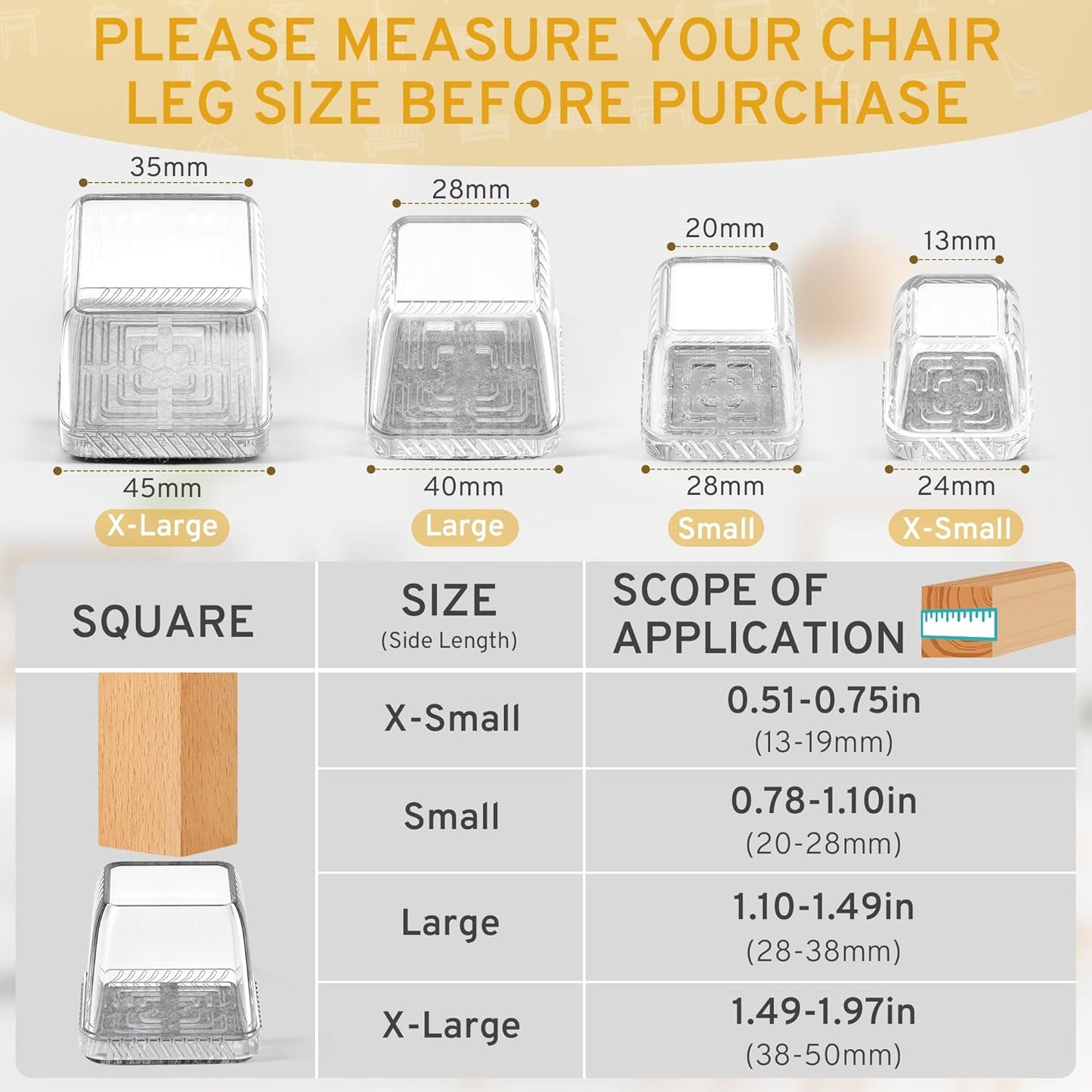 24PCS Square Chair Leg Floor Protectors, Furniture Sliders, Chair Leg Protectors for Hardwood Floors, Non-Slip Felt Furniture Pads, Silicone Cap Covers to Protect Floors, (Fit 0.75" - 1.1")