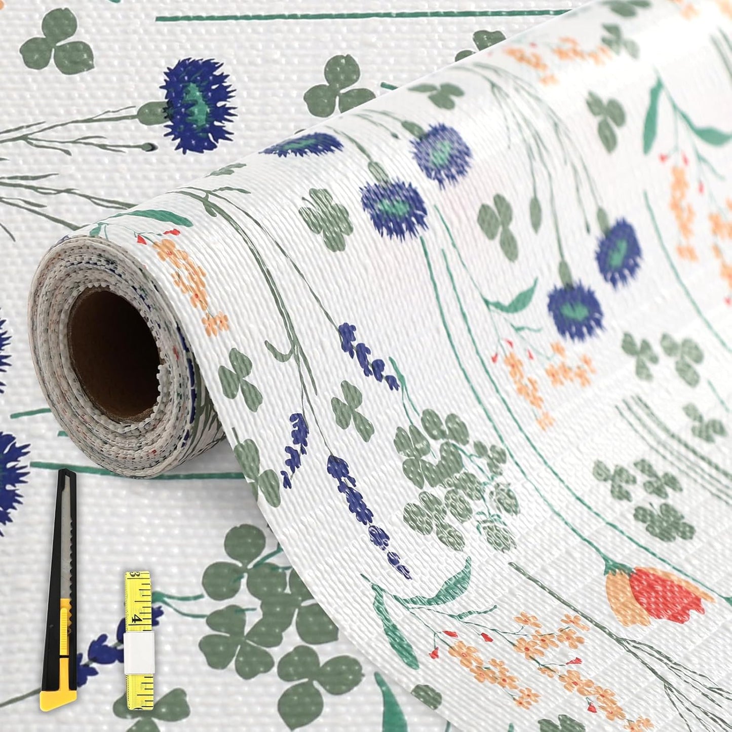 FINNEZ Shelf and Drawer Liner 12in x 30FT with Cutting Tool, Non Slip Non Adhesive Drawer Liners for Kitchen Cabinets, Waterproof Floral Cabinet Liner for Shelves, Refrigerator