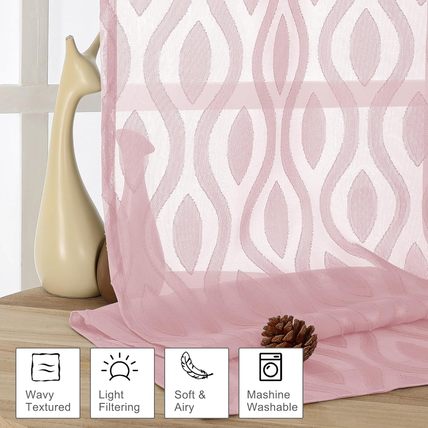 Aiyufeng Pink Sheer Curtains 2 Panels 54 Inch Length, Soft Lightweight Clip Jacquard Textured Blush Curtains for Bedroom Living Room, Modern Wavy Line Solid Voile Sheer Drapes, 40" Wx54 L Inches