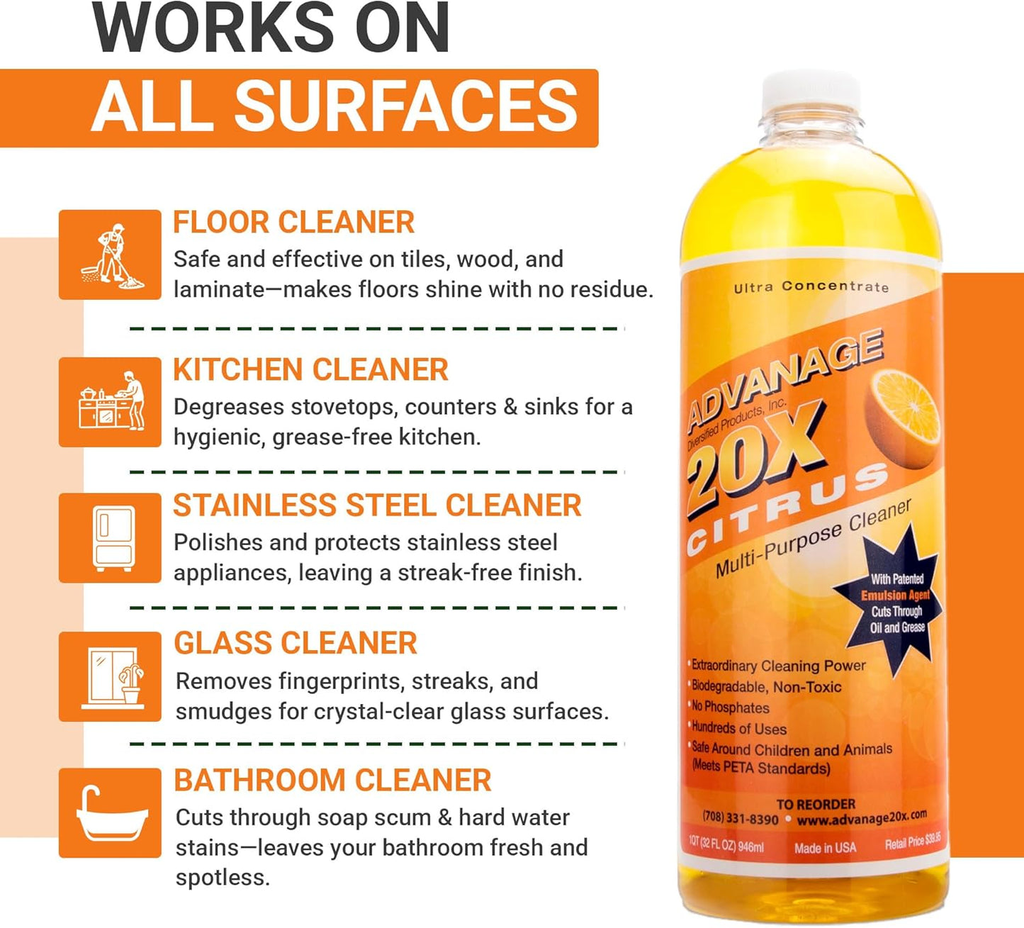 All Purpose Cleaner Concentrate - Advanage 20X The Wonder Cleaner Citrus for All Surfaces Around Bathroom, Kitchen, Oil and Grease | Multi Purpose Cleaner for Household Cleaning Solution | 32 Fl Oz