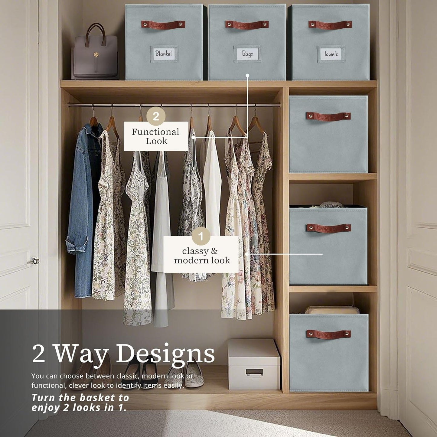 DECOMOMO Storage Cubes, 13x13x13 Storage Cube Bins with Labels, Fabric Organizer Bins (13" / 6pcs, Grey)