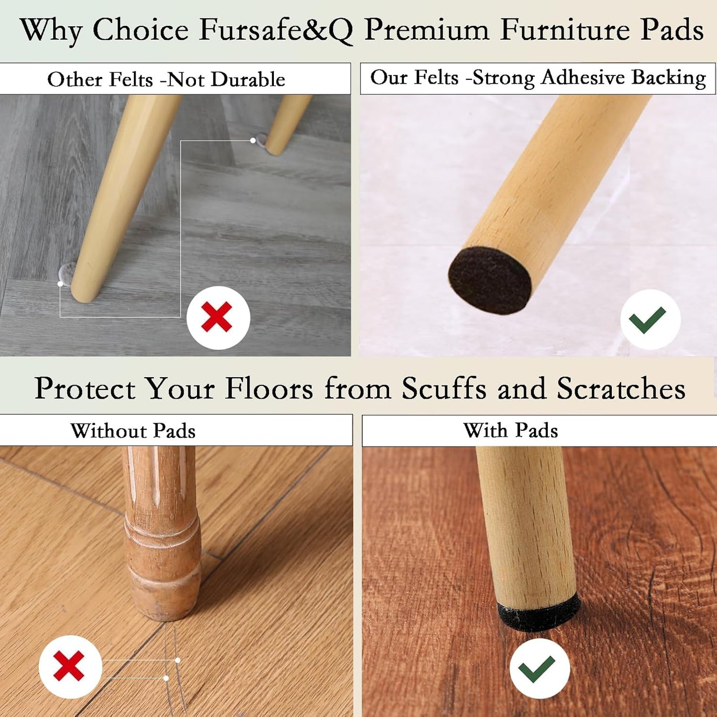 Fursafe&Q Felt Furniture Pads for Hardwood Floors -Self Adhesive Felt Chair Leg Pads，Furniture Feet Floor Protectors, Protect Floor from Nicks, Bumps and Scratch, 201 Pcs Kitchen Cabinet Door Bumper