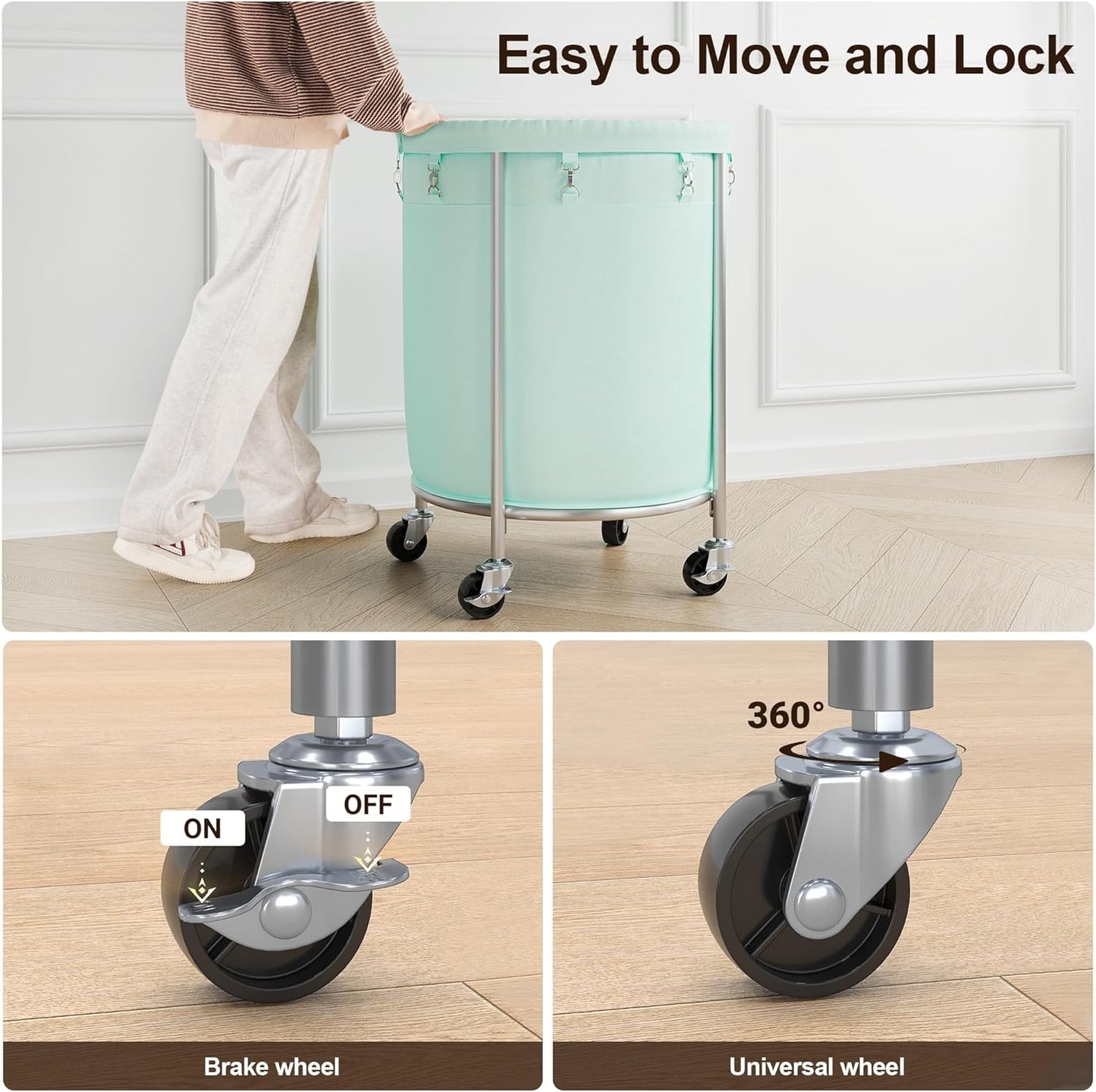 ELYKEN Laundry Basket with Wheels, 170L Rolling Laundry Hamper with Removable Bag and Steel Frame, Round Laundry Cart with 4 Casters and 2 Brakes, Ideal for Bedroom, Bathroom, Laundry Room, Mint Green
