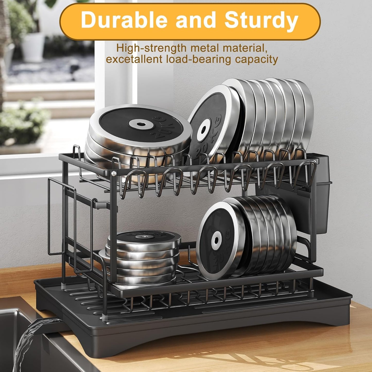 Dish Drying Rack-Dish Rack for Kitchen Counter, 2-Tier Kitchen Organizers and Storage Rack with Drainboard and Cutlery Holder, Large 1 Pack Carbon Steel