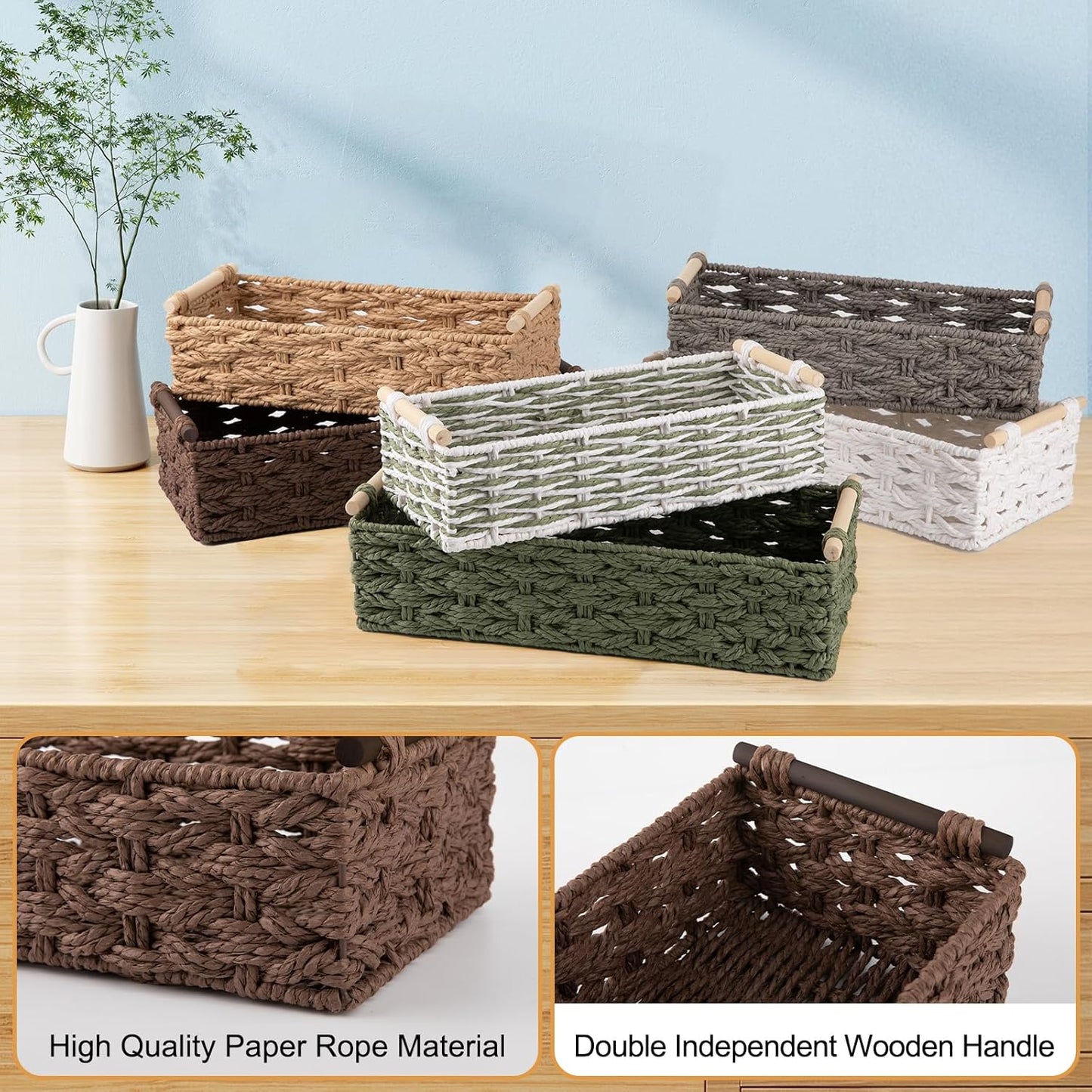 OIAHOMY Toilet Paper Baskets Handmade Paper Rope Decorative Wicker Storage Tank Shelf Cabinet Organizer for Bathroom Home, Set of 2, Brown