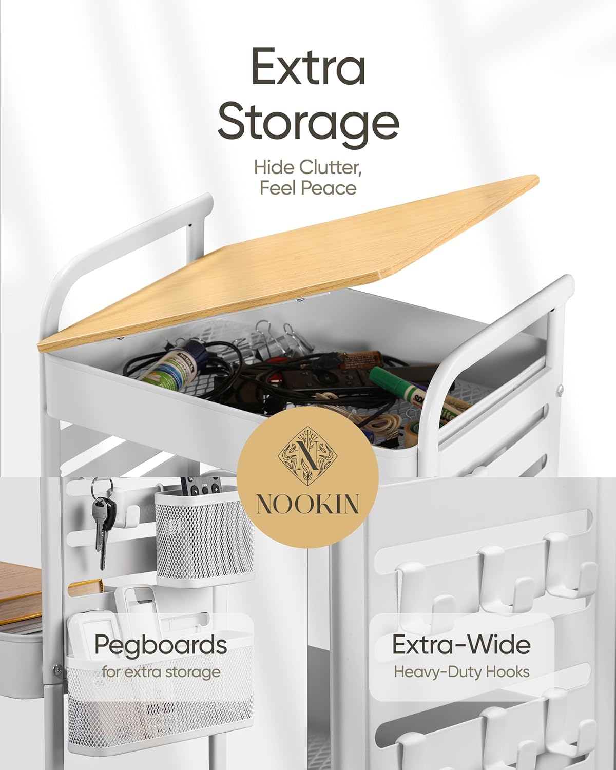 Art Cart with Tabletop & Pegboard - 3-Tier Rolling Utility Cart with Wheels, 2 Baskets & 6 Hooks - Metal Storage Organizer for Home, Office, Crafting & Kids’ Art Supplies (White)