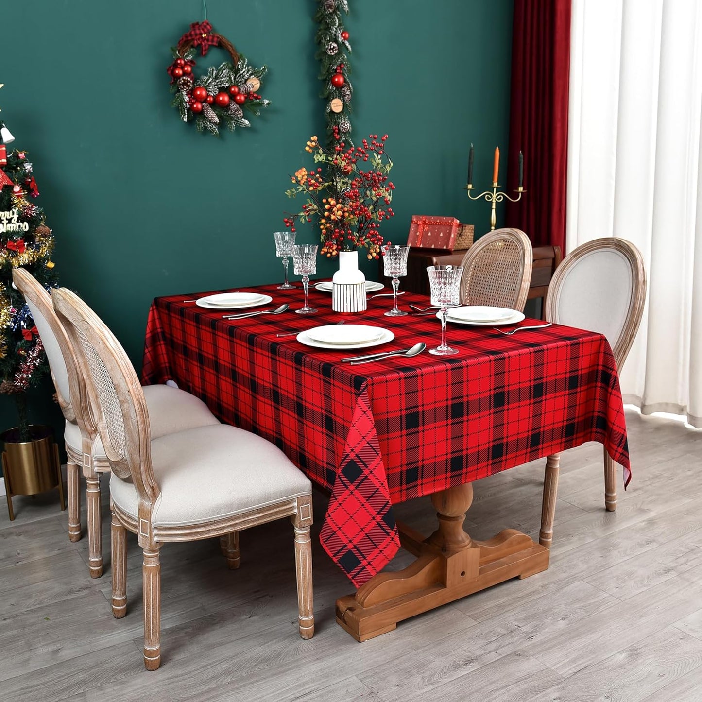 Gingham Xmas Tablecloth Fabric - Oblong 58x120 Water Resistant Christmas Plaid Table Cloth for Indoor/Outdoor Use - Red Tabletop Cover Perfect for Birthday, Picnics, Gardens