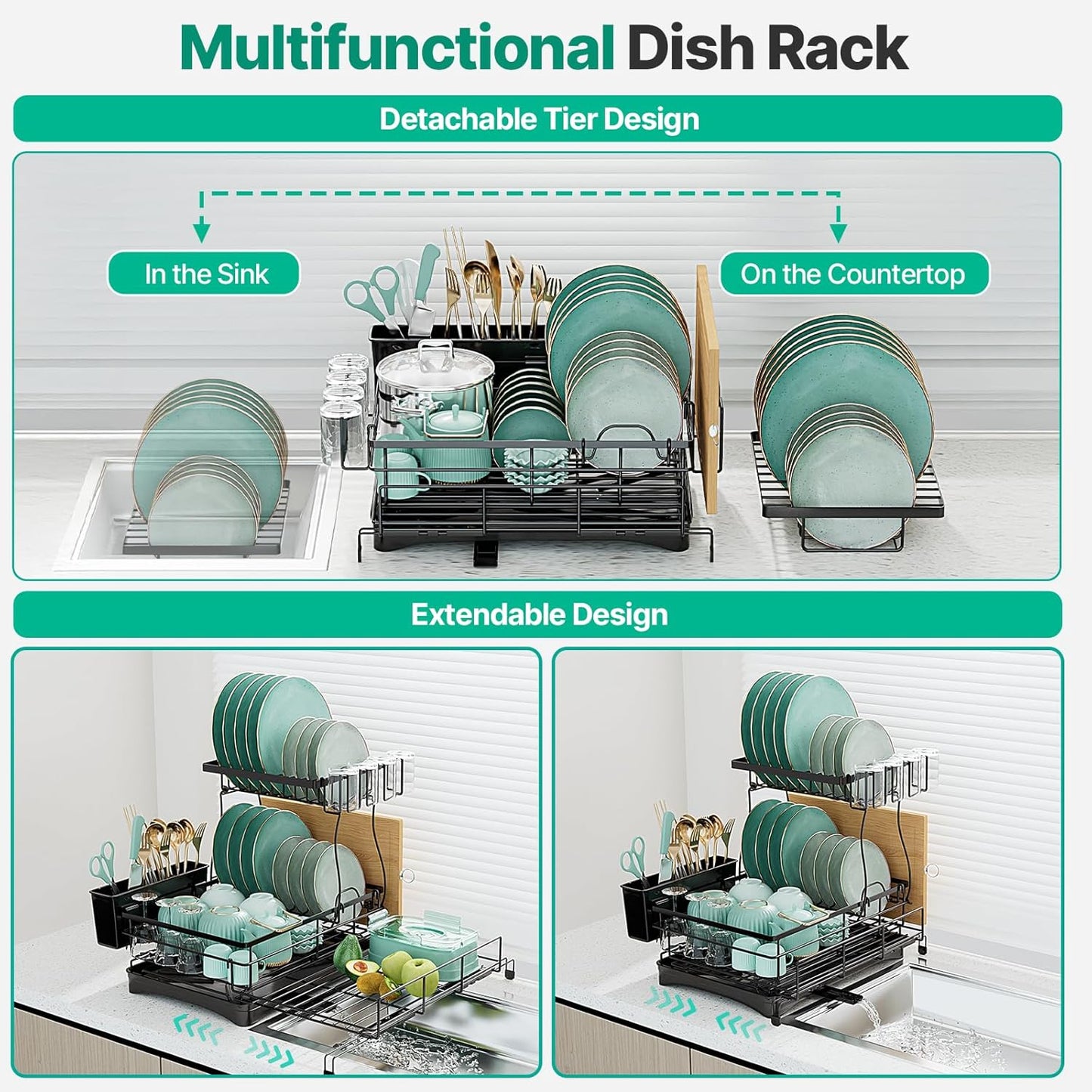 2 Tier Expandable Dish Drying Rack, Large Stainless Steel Dish Drying Rack Drainers for Kitchen Counter, Upgrade Dish Drainer with Utensil Holder, Drainboard & Cups Holder, Anti-Rust & Space Saving