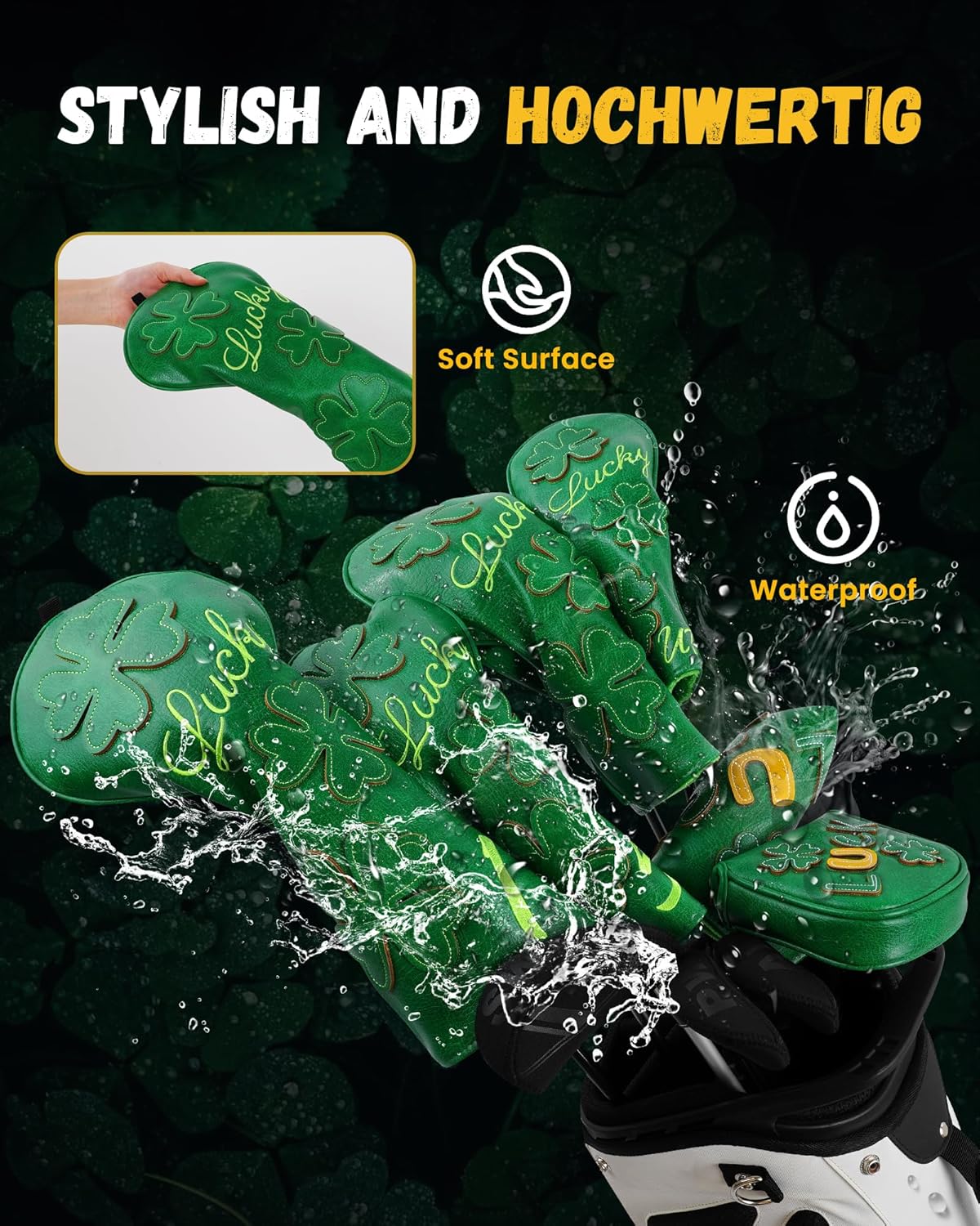 Golf Headcovers Golf Club Head Covers Four Leaf Clover Good Luck Charm - Clover Style Premium Leather Driver Fairway(FW) Wood Hybrid(UT) with Number Tags