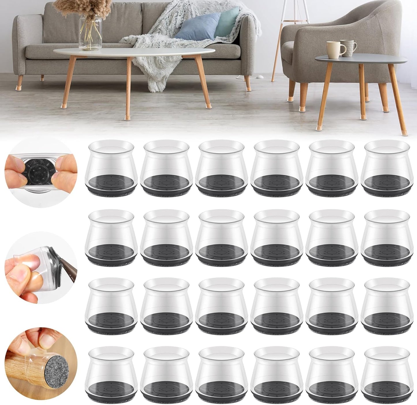 24PCS Upgraded Silicone Chair Leg Floor Protectors for Hardwood Floors, Furniture Sliders for Chair Legs, Felt Bottom Furniture Pads, Anti-Slip Round&Square Cap Covers to Scratch and Reduce Noise