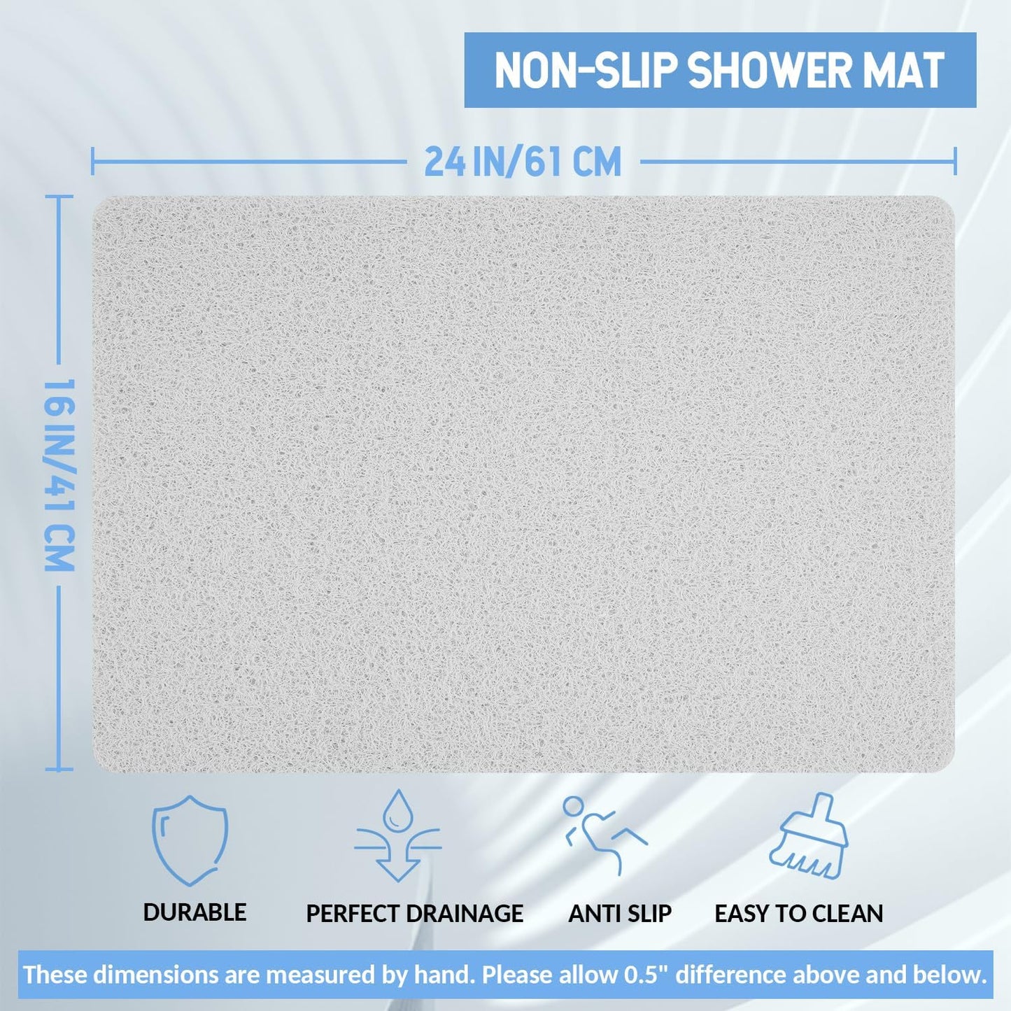 Non-Slip Bathtub Mat, Anti Slip Shower Mat, Fast Drying Bathtub Mats, Foot Scrubber Mat, Anti Slip Mat for Tub, Floor, Bathroom, Kitchen, Home, Hotel (White 24"×16")
