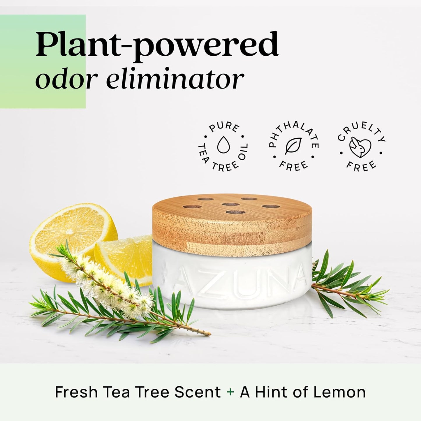 Azuna Air Freshener & Odor Eliminator for Strong Odor | 2 Room Kit Includes (2) 8 oz. Empty Luxe Glass Jars & 12 oz | Refill with Tea Tree Essential Oil Gel | Natural Scent | Last 60-90 Days