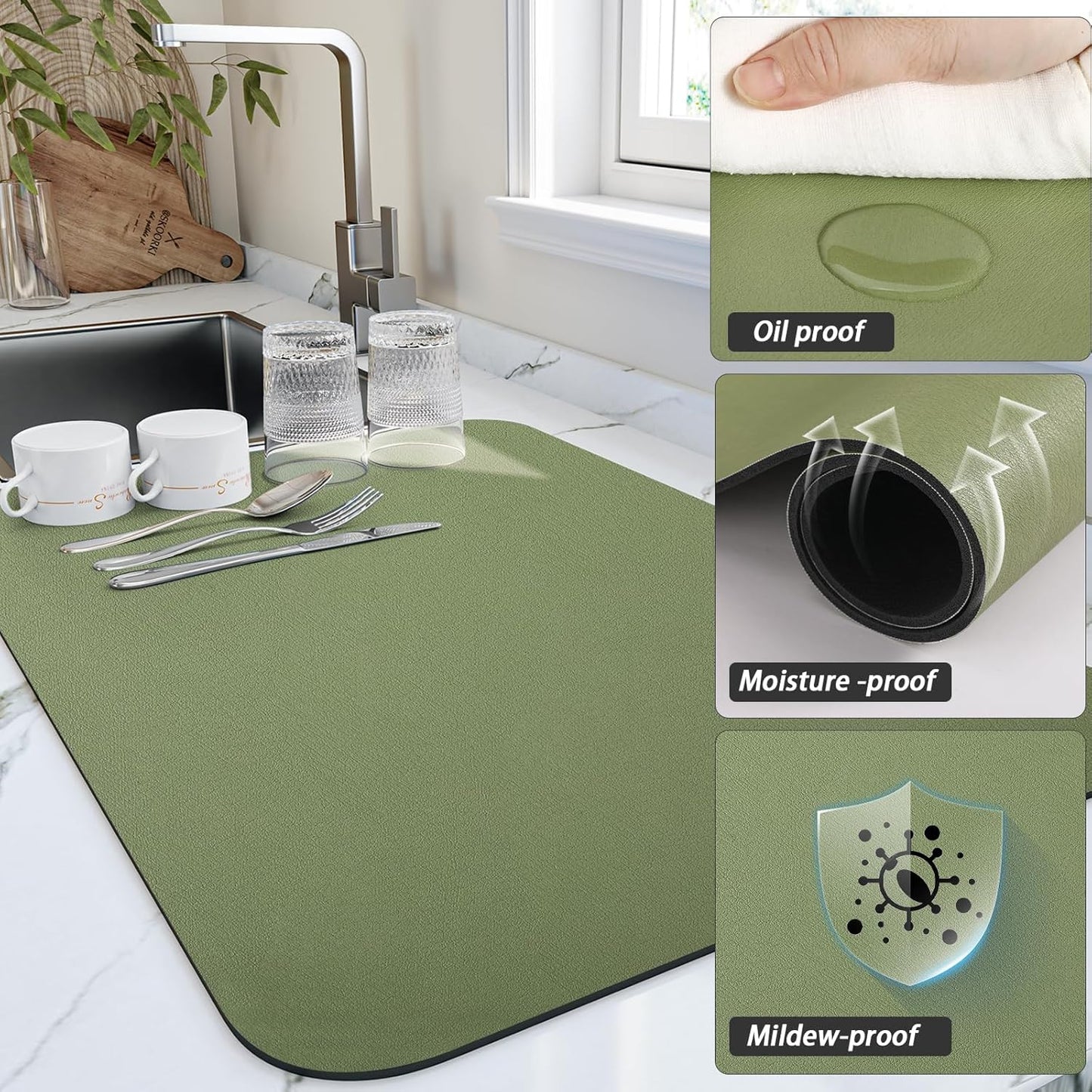 Dish Drying Mat for Kitchen Counter, Heat Resistant Drainer Mats with Non-slip Rubber Backed, Hide Stain Kitchen Super Absorbent Draining Mat, Easy to Clean Dish Rack Pad, Green 16"x20"
