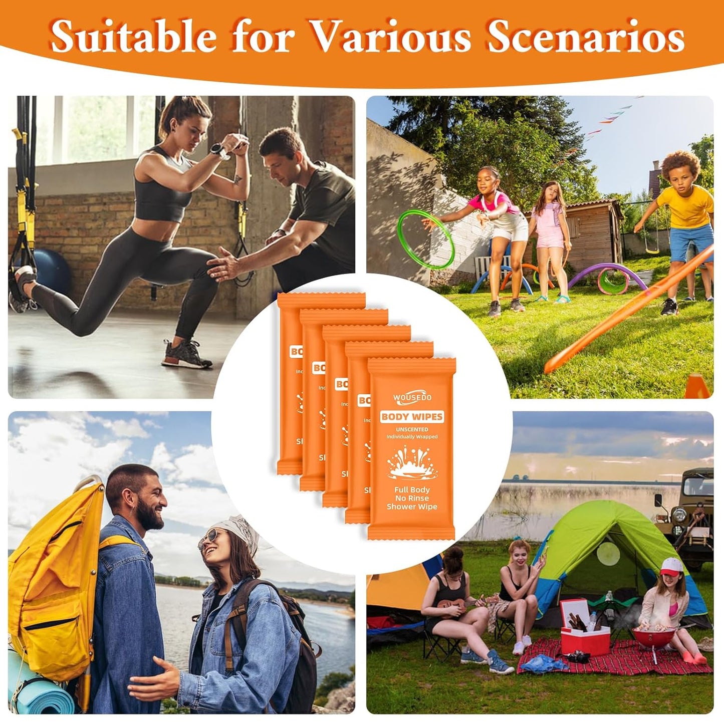 300 Pcs Ultra Thick Soft Large Body Wipes Individually Wrapped(7.87" x 9.45"),Shower Wipes for Adults Bathing No Rinse,Personal Cleansing Wipes for Travel Gym,Bulk Deodorant for Homeless(Orange)