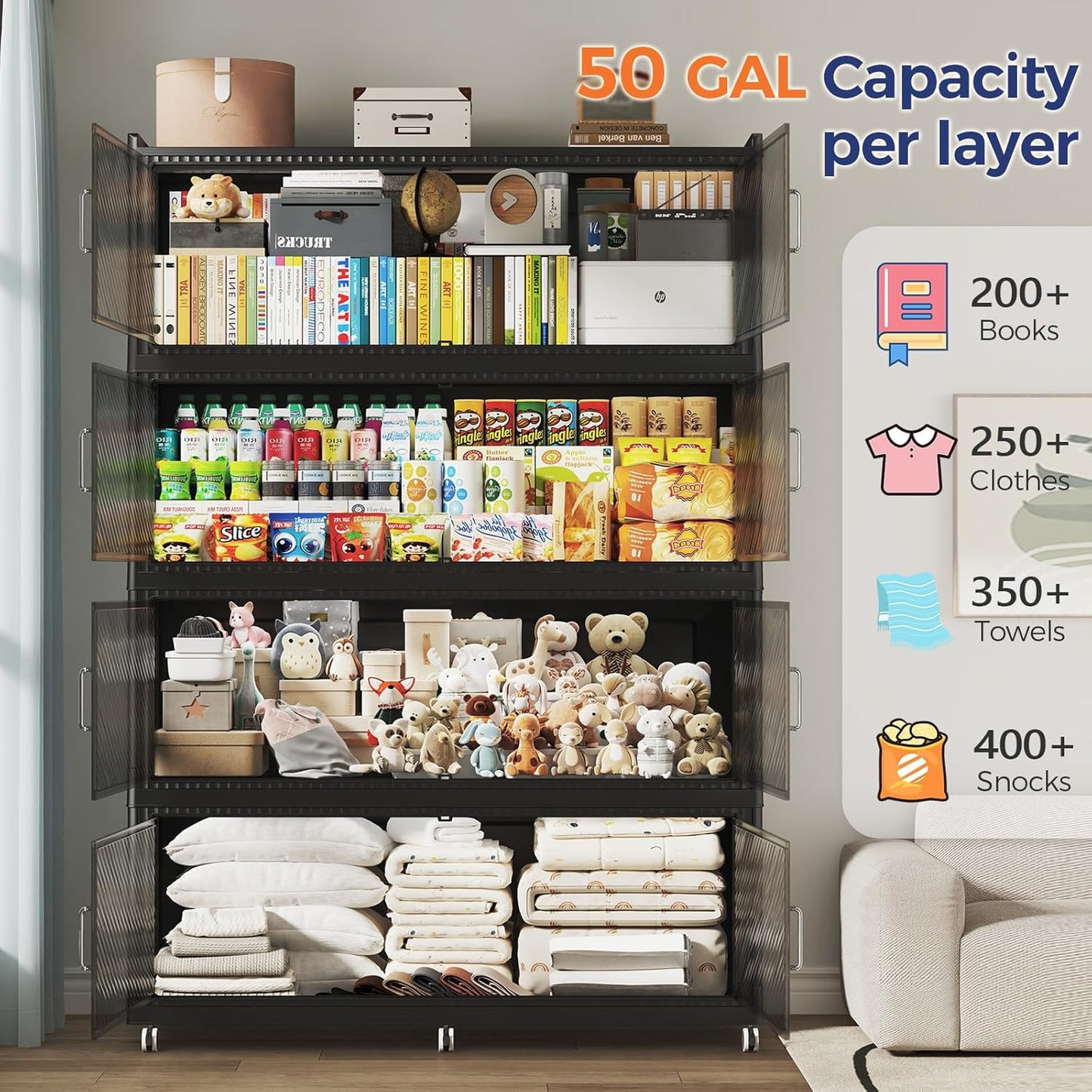 150GAL Extra Large Storage Bins with Lid, 600QT Collapsible Organizer with Wheels, Stackable Closet Cabinet with Doors, Folding Storage Containers for Home, Office, Dorm, 3Pack Black