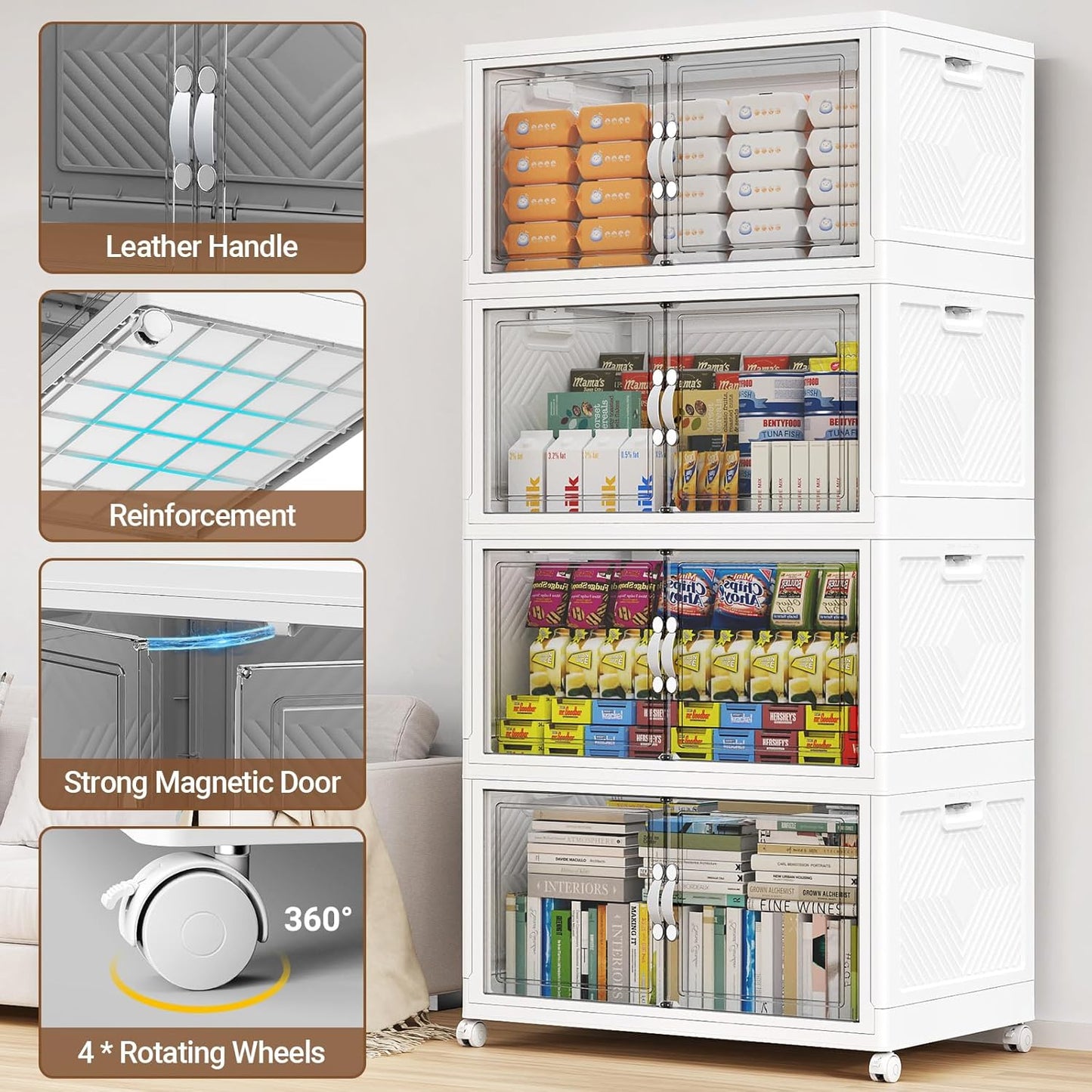 BROVIEW 300QT Extra Large Stackable Storage Bins, 75Gal Clear Plastic Closet Organizer Cabinet with Lid and Wheels, Collapsible Latch Boxes Folding Drawer with Door for Home Kitchen, V20 3Pack White