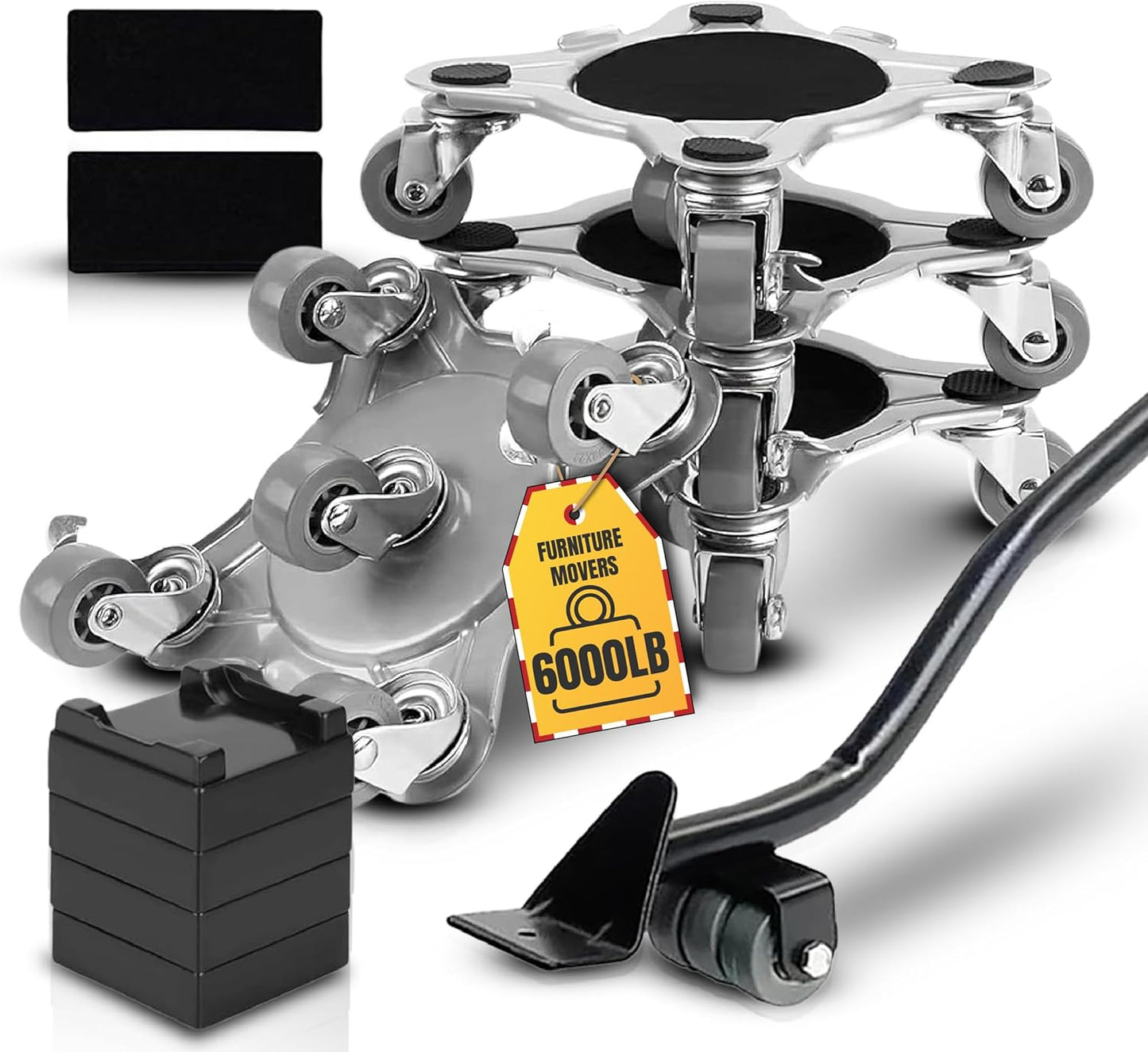 Heavy Duty Furniture Dolly Set with Lifter Tool and 5 Wheels - Capacity, 360° Rotating Wheels for Sofas, Refrigerators, and More (6000 LB)