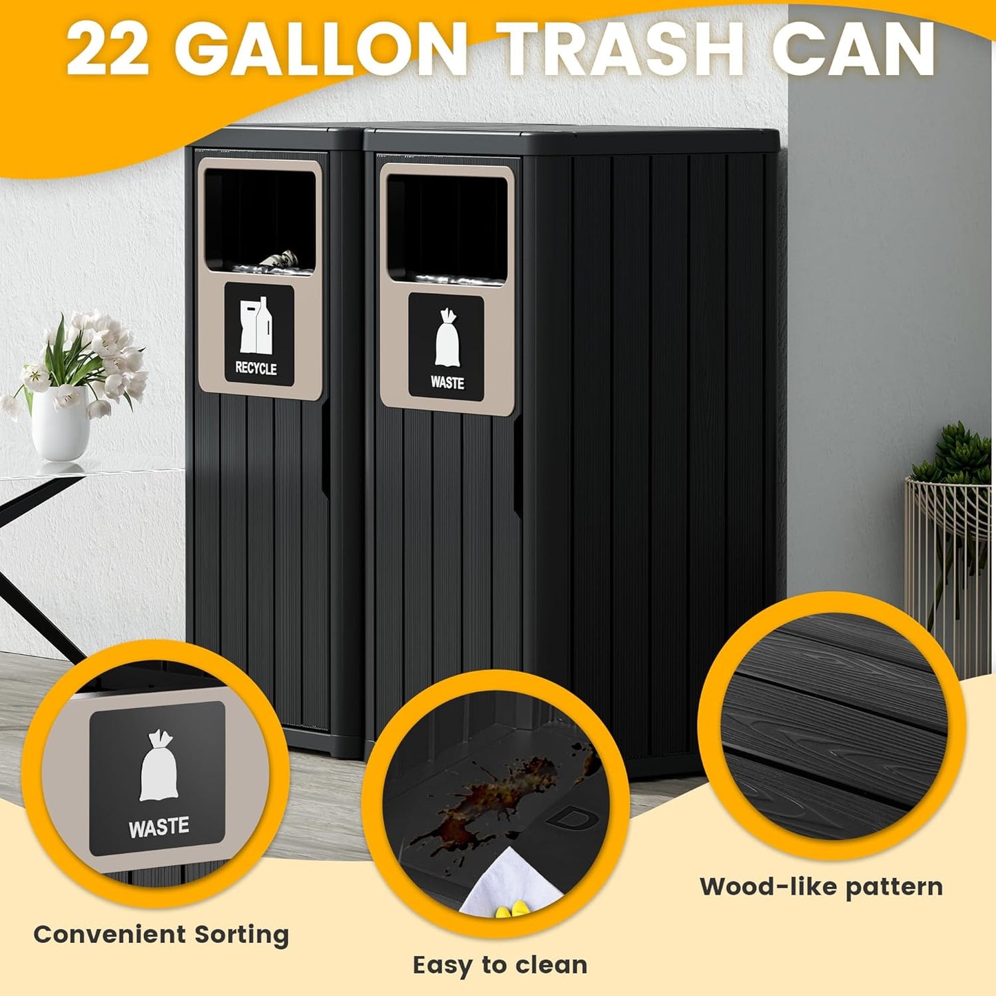 2pcs Outdoor Trash Can Waterproof Resin Garbage Can with Garbage Labels Outdoor Trash Bin for Patio, Garden,Kitchen, Black