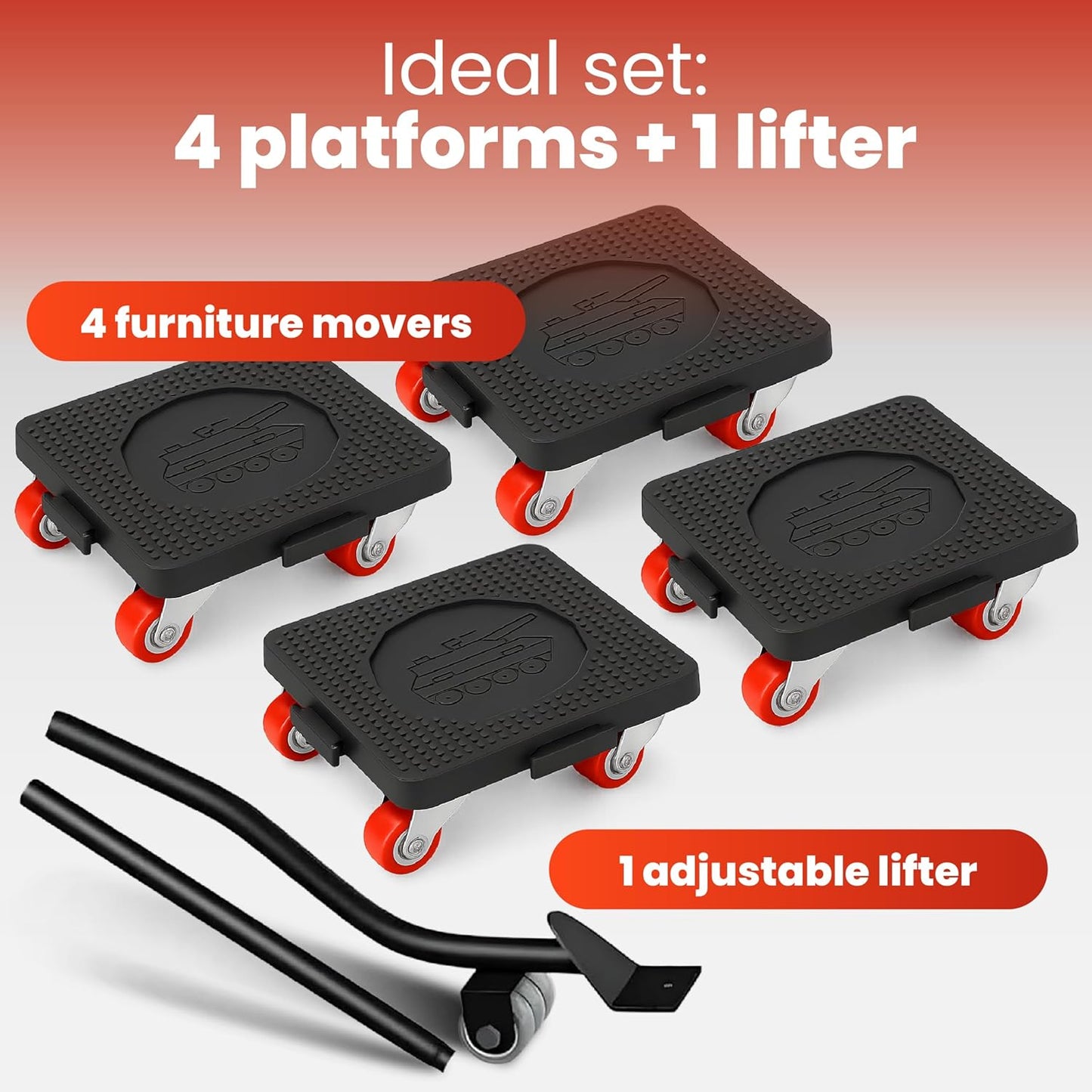 Heavy Duty Furniture Dolly Set with Lifter Tool and 5 Wheels - Capacity, 360° Rotating Wheels for Sofas, Refrigerators, and More (1200 LB)