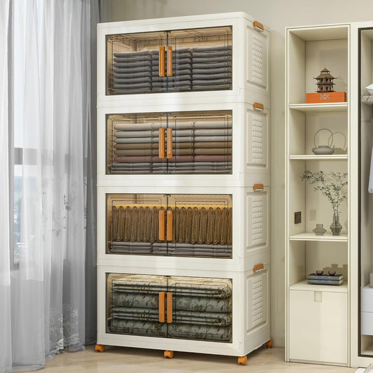 4 Tier Extra Large Stackable Storage Bins with 1 Lid 155 QT/Tier, Collapsible Plastic Box Storage Bin with Wheels, Home Containers Boxes Closet Organizers for Living Room, Office, Dorm