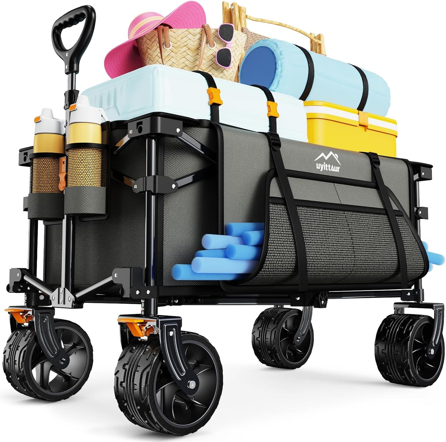 Collapsible Wagon Cart Heavy Duty Foldable, Folding Beach Wagon with Big Wheels for Sand, Utility Grocery Cart with Side Pocket and Brakes for Camping Sports Outdoor Activities, Grey