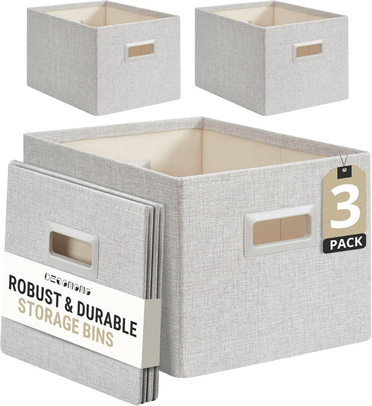 DECOMOMO Storage Bins for Shelves Robust Fabric Closet Bins for Shelves Toy Storage Clothes Books (Pack of 3 – Light Grey)