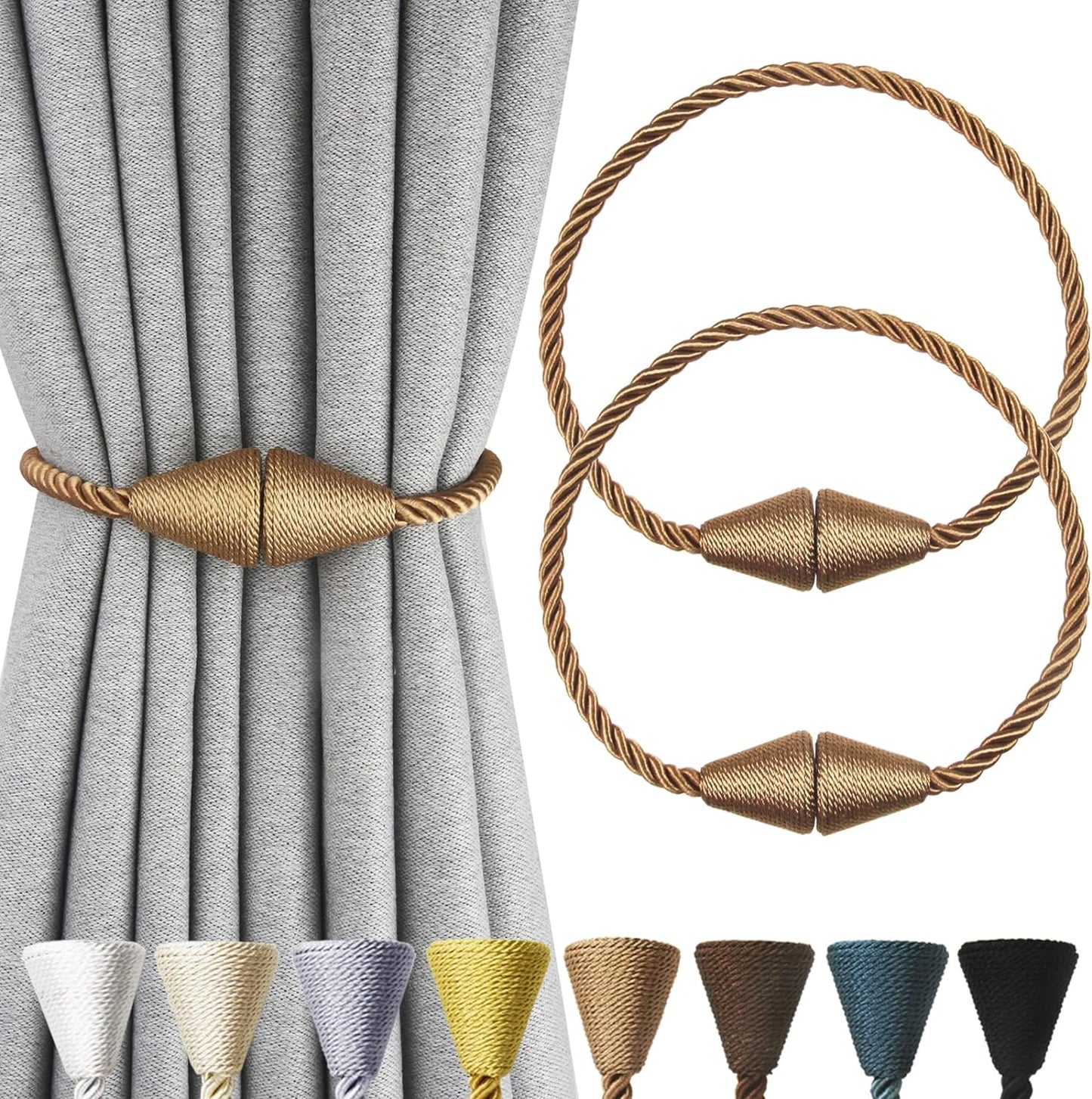 2 Pack Magnetic Curtain Tiebacks Rope Modern Handmade Curtain Tie Backs Decorative Drapes Weave Holdbacks for Window Décor, Khaki