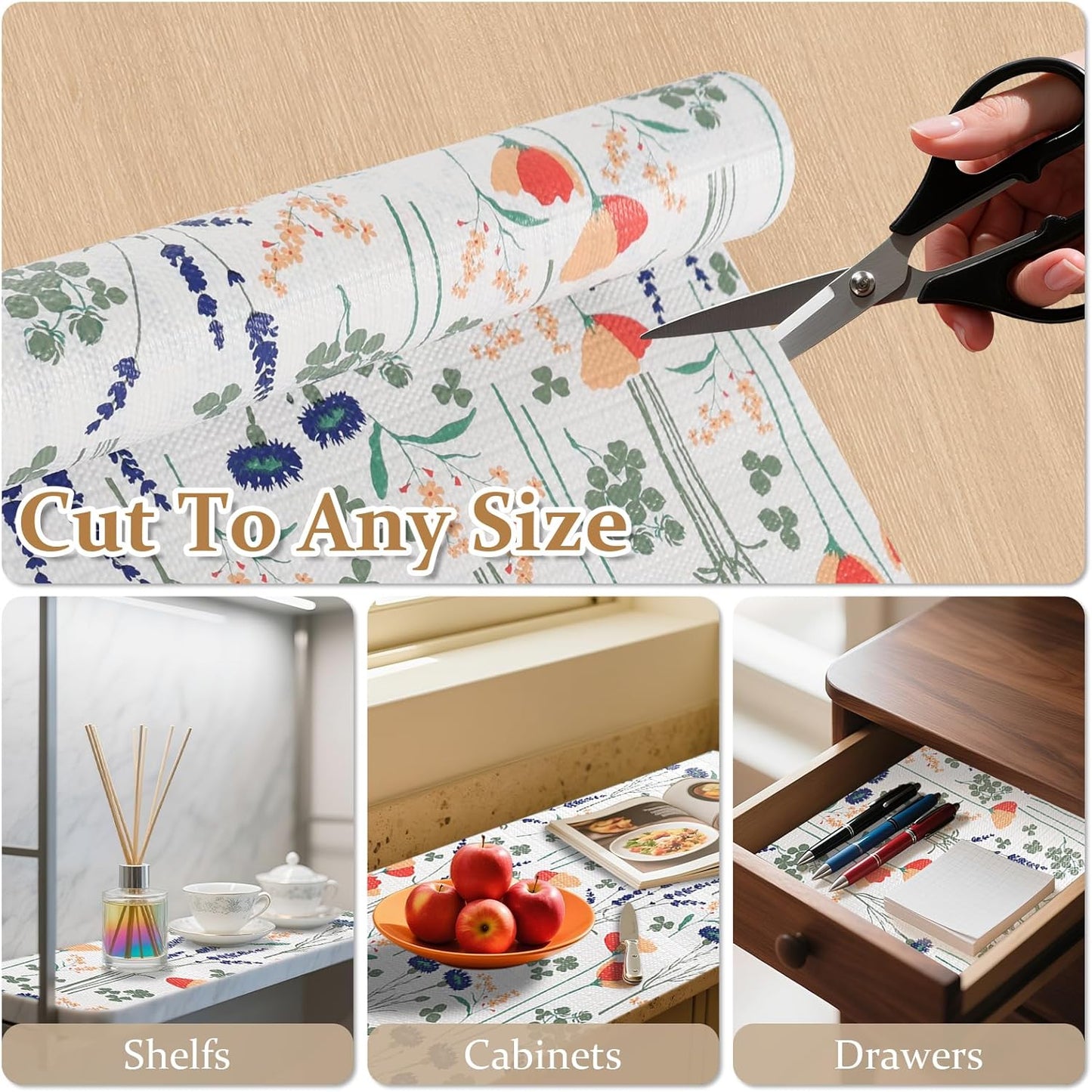 FINNEZ Shelf and Drawer Liner 12in x 10FT with Cutting Tool, Non Slip Non Adhesive Drawer Liners for Kitchen Cabinets, Waterproof Floral Cabinet Liner for Shelves, Refrigerator