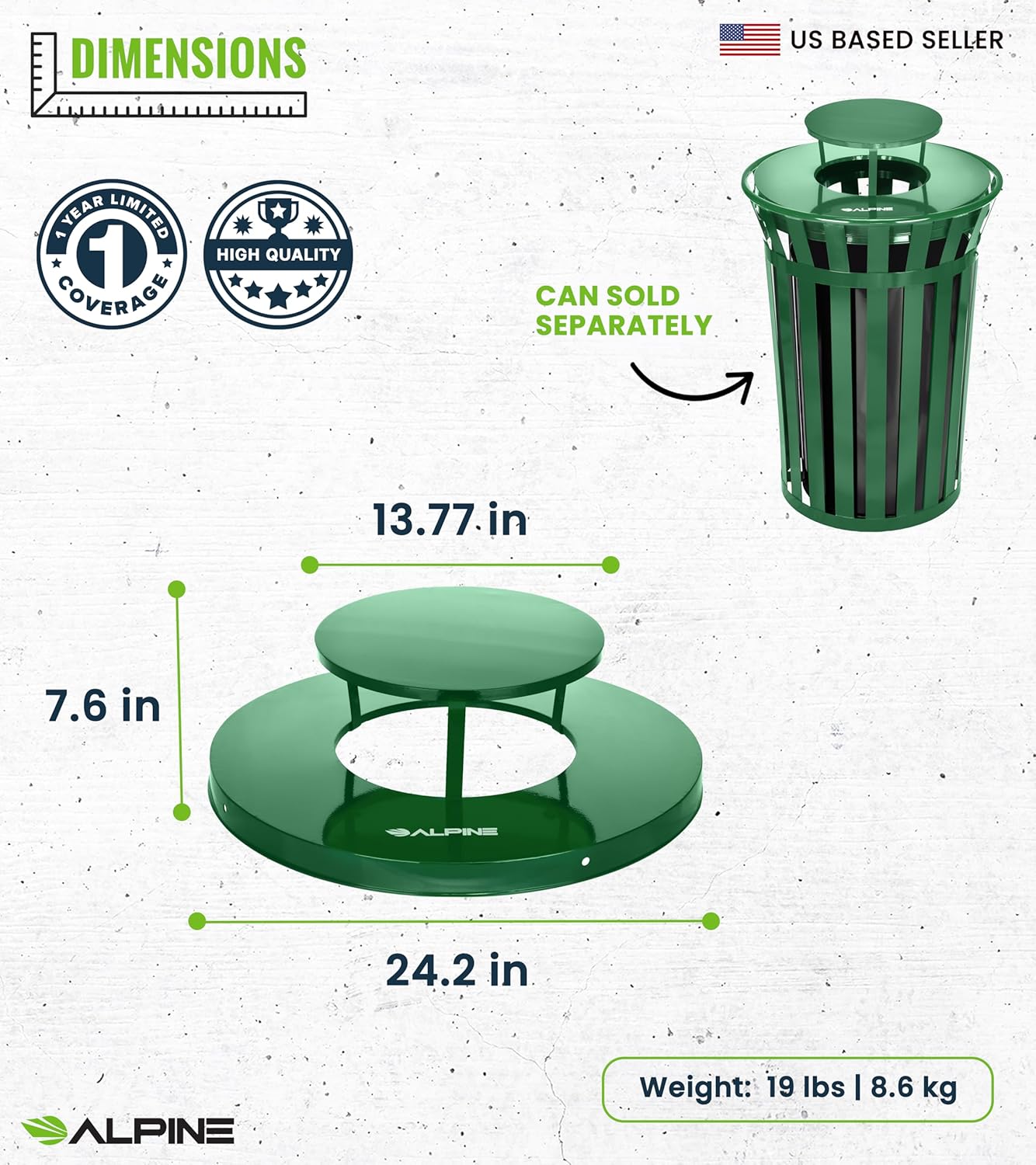 Alpine Industries Outdoor Metal Waste Receptacle Rain Bonnet Lid - Heavy Duty Trash Can - Commercial Trash Receptacle Cover - 38 Gallon Commercial Garbage Can Lid - Green