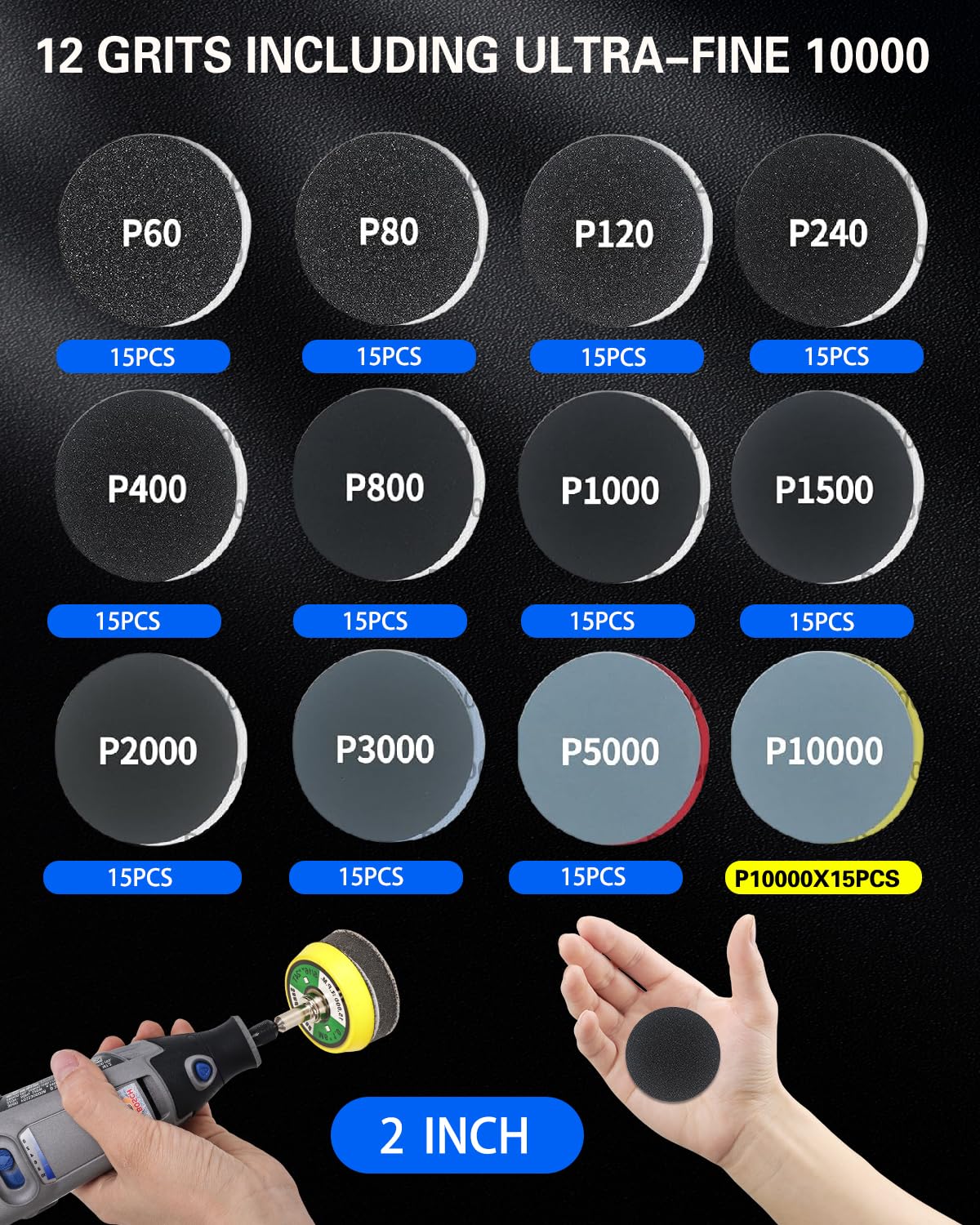 2 Inch Sanding Discs Drill Polishing Kit, 193PCS Car Headlight Restoration Kit, Hook & Loop Wet Dry Buffing Pads for Rotary Tools, Dremel Sanding Bits Attachment for Aluminum Resin Metal Glass