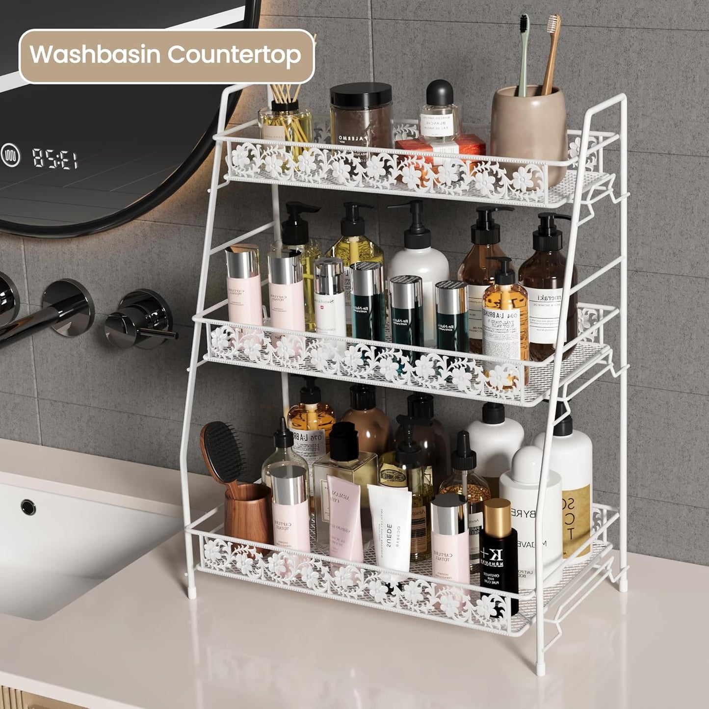 3-Tier Large Size Storage Rack,Counter Organiztion for Bathroom Countertop Organizer Shelf for Spice Racks for Kitchen/Sink/Bedroom/Living room/Office/Plant Rack with Two Metal Baskets