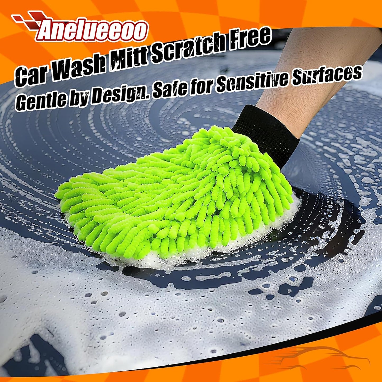Car Wash Mitt Microfiber, Premium Chenille Microfiber Wash Car Mitts Sponge Scratch Free & Lint-Free, Mitts Waterproof Lining 2 Pack Green (8''X12'')