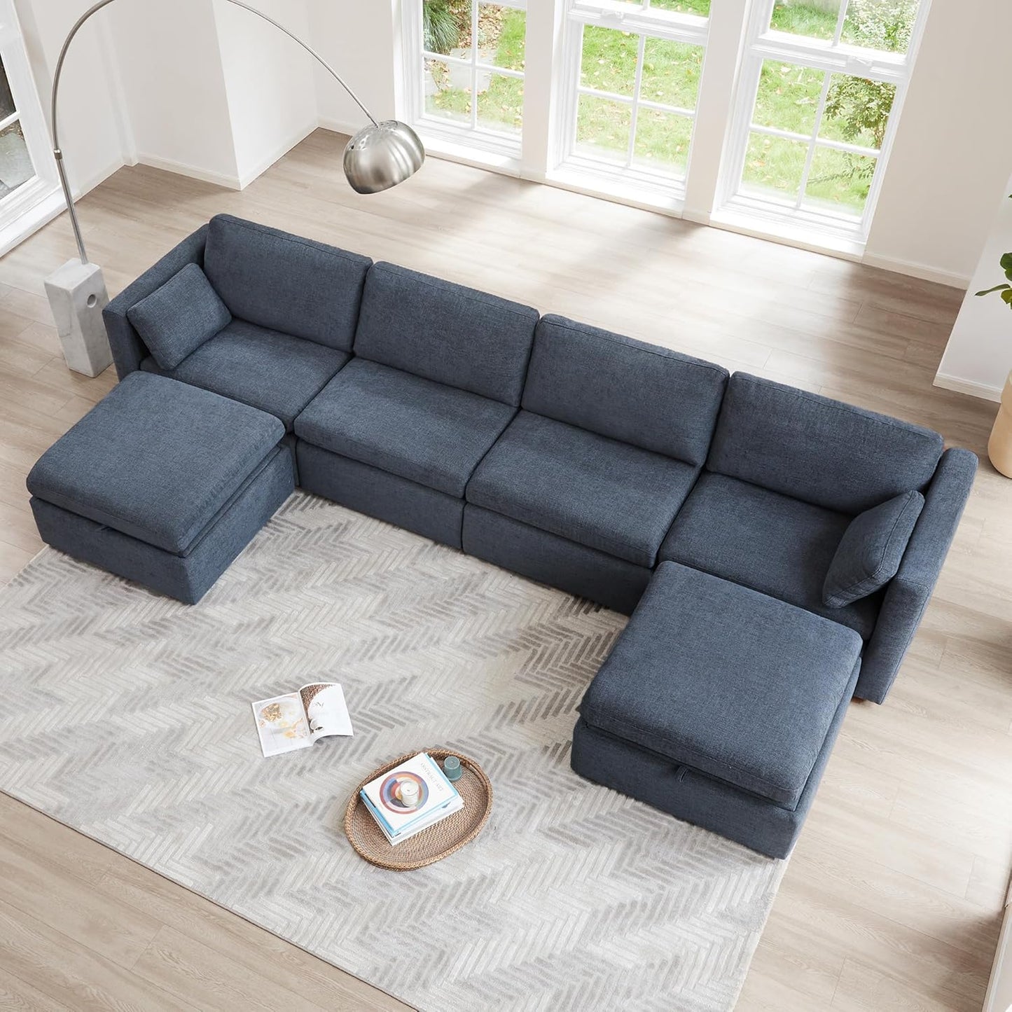 CHITA Oversized Modular Sectional Fabric Sofa Set, FSC Certified Extra Large U Shaped Couch Reversible Chaise Modular Sectional Couch,146 inch Width,6 Seat Modular Sofa with Storage Ottomans, Blue