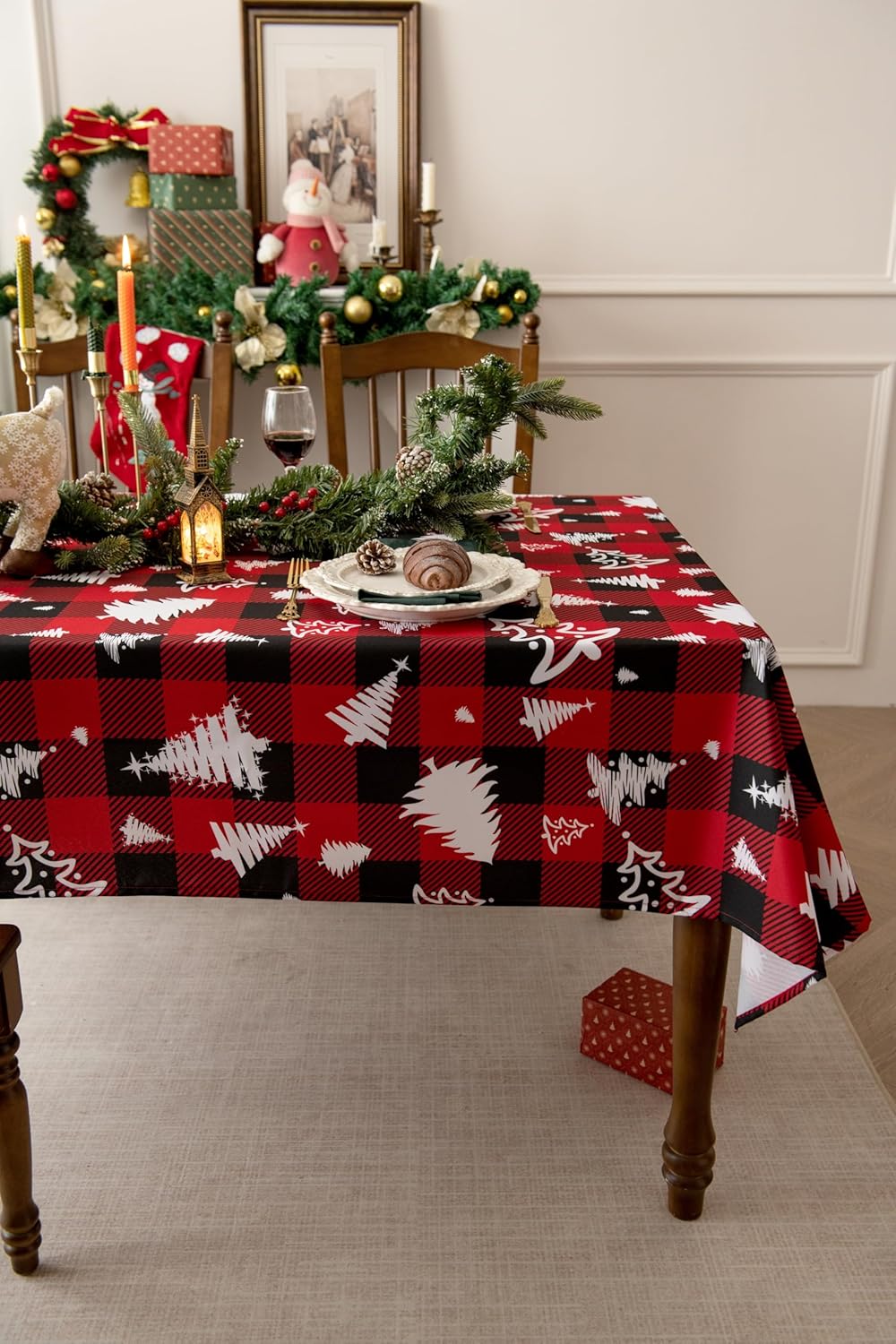 Waterproof Christmas Tree Tablecloth Fabric - Red Oblong 52x70 Inch Classic Buffalo Tartan Festive Table Cloth for Indoor Use - New Year Tabletop Cover for Dinner, BBQs, and Parties