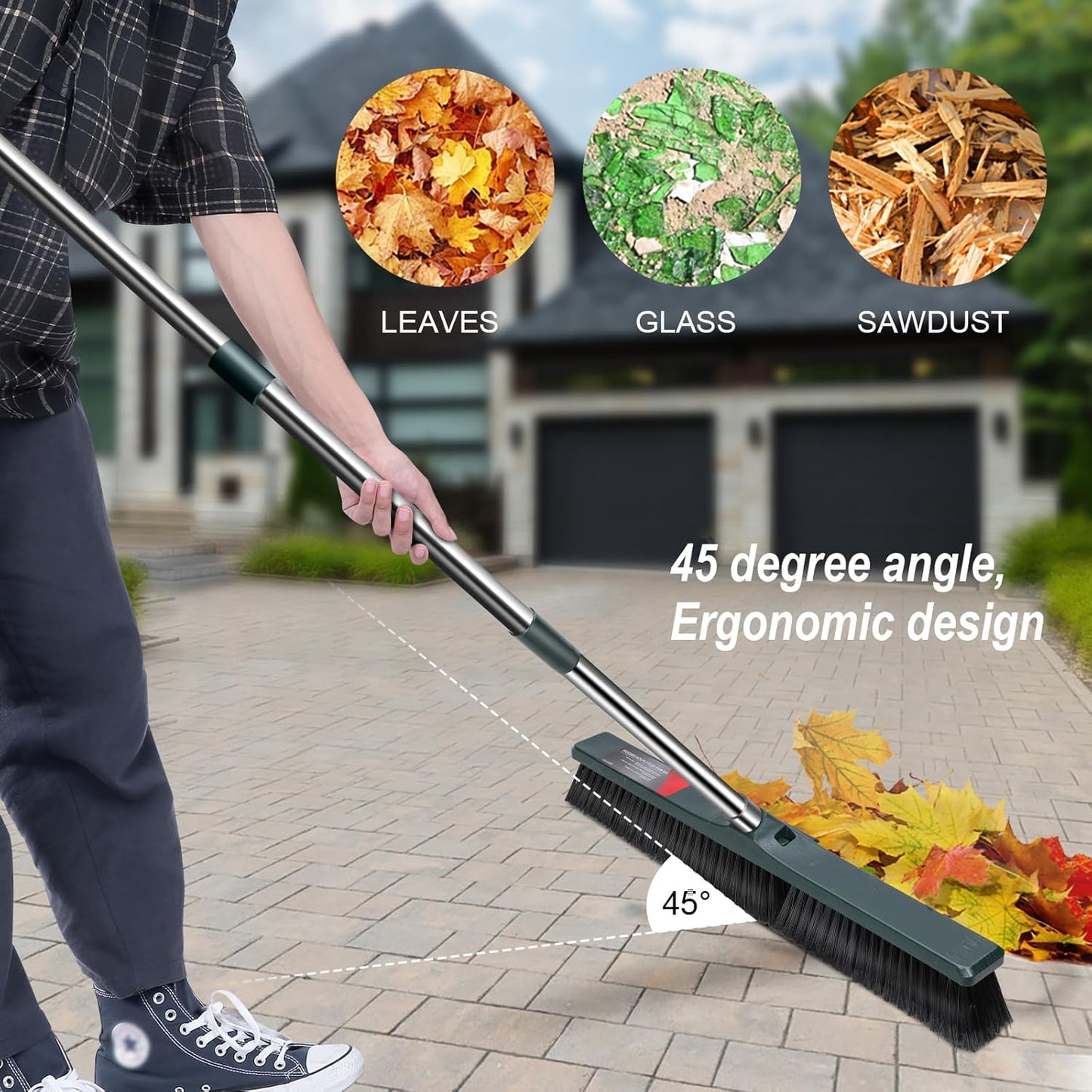 MASTERTOP 24" Push Broom Outdoor, Heavy Duty Garden Brush Broom with 58" Long Handle and Stiff Bristles,Commercial Outdoor Broom for Deck Driveway Garage Yard Patio Warehouse Concrete Floor Cleaning