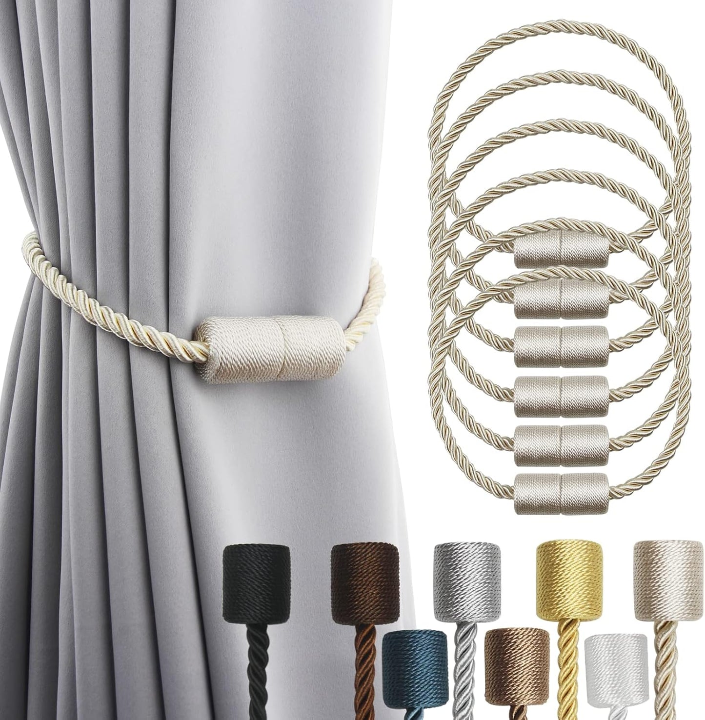 6 Pack Beige Strong Magnetic Curtain Tiebacks Outdoor Elegant Decorative Tie Backs Modern Rope Tiebacks for Drapes Window Curtain Holdbacks for Draperies