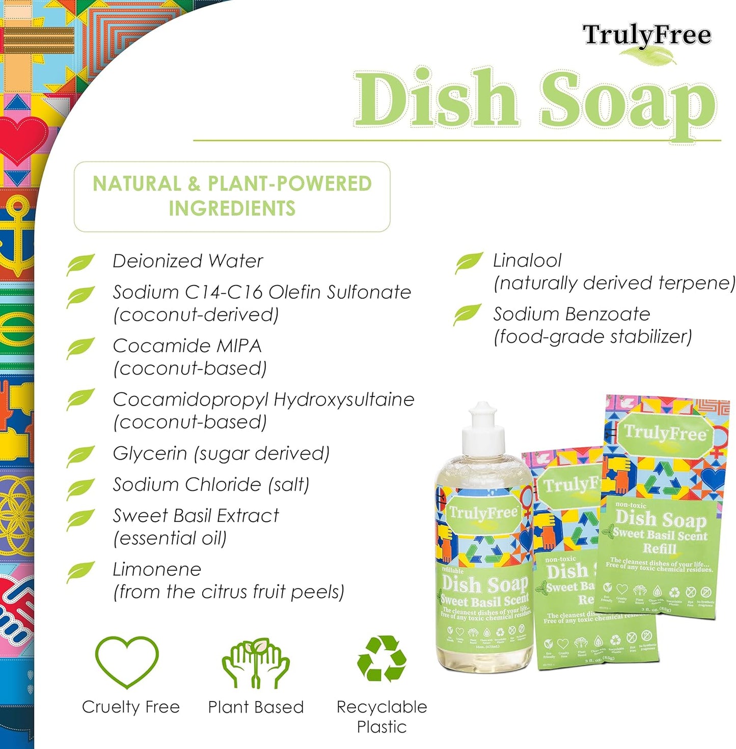 Truly Free Natural Concentrated Dish Detergent Dishwashing Liquid | Plant-Based Dish Soap | Sweet Basil Fresh Scent | 2 Refill Packs with 1 Empty Refillable Squeeze Bottle (16 Oz)