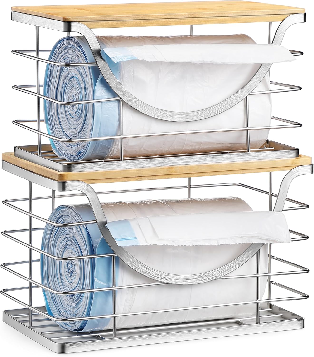 Extra Large Trash Bag Holder Stackable Kitchen Storage Slive, 2 Pack Wall Mounted Pantry Organizers and Storage with Bamboo Top, Garbage Bag Dispenser Under Sink for Laundry Room and Kitchen