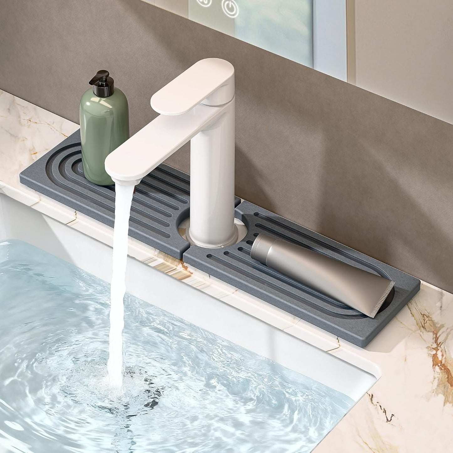 Absorbent Faucet Mat, Sink Caddy Kitchen Sink Organizer, Kitchen Counter Decor, Quick Dry Stone Mat Kitchen, Water Absorbing Stone Tray for Sink, Kitchen Soap Tray, Stone Sink Mat (DARK GREY, 15.8*4")