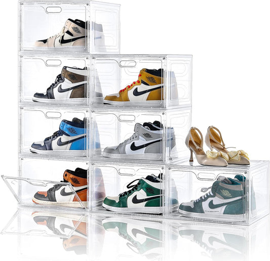 8 Pack Shoe Boxes Clear Plastic Stackable, Large Shoe Storage Organizer with Lids,Drop Side Shoe Containers for Entryway,Sneaker Storage Fit up to US Size 13 (13’’x 10.6”x 8.3”)