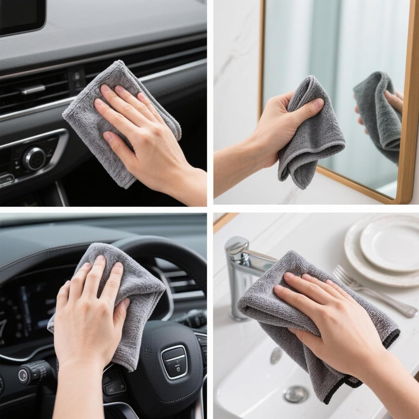 Microfiber Cleaning Cloths 100 Pack Microfiber Towels Hanging Bags 8.7x8.7 in, Lint Free, Streak Free, Absorbent, Reusable, Washable, Scratch Free, for Kitchen, Car Detailing, Glass, Gray/Blue