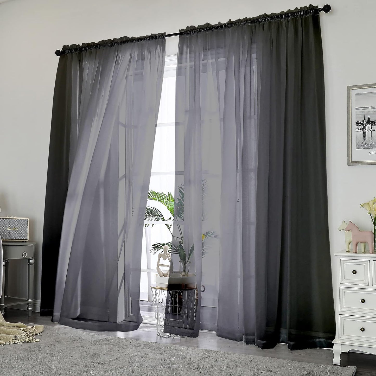 Chyhomenyc Black Sheer Curtains 84 Inch Length 2 Panels Set, Light Filtering Solid Elegant Rod Pocket Voile Window Drapes for Bedroom Living Room, Each 42Wx84L Inch, 2PCS, 7 Feet Long