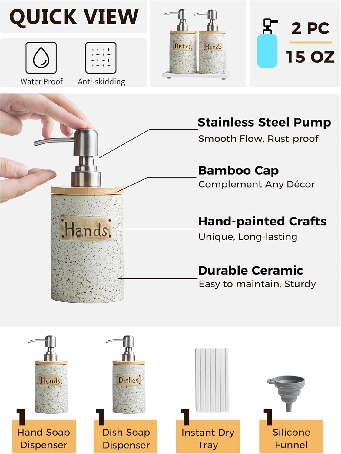 Kitchen Soap Dispenser Set, Ceramic Hand and Dish Soap Dispenser Set with Tray Collapsible Funnel, Hand Soap and Lotion Dispenser for Bathroom, White Bathroom Accessories