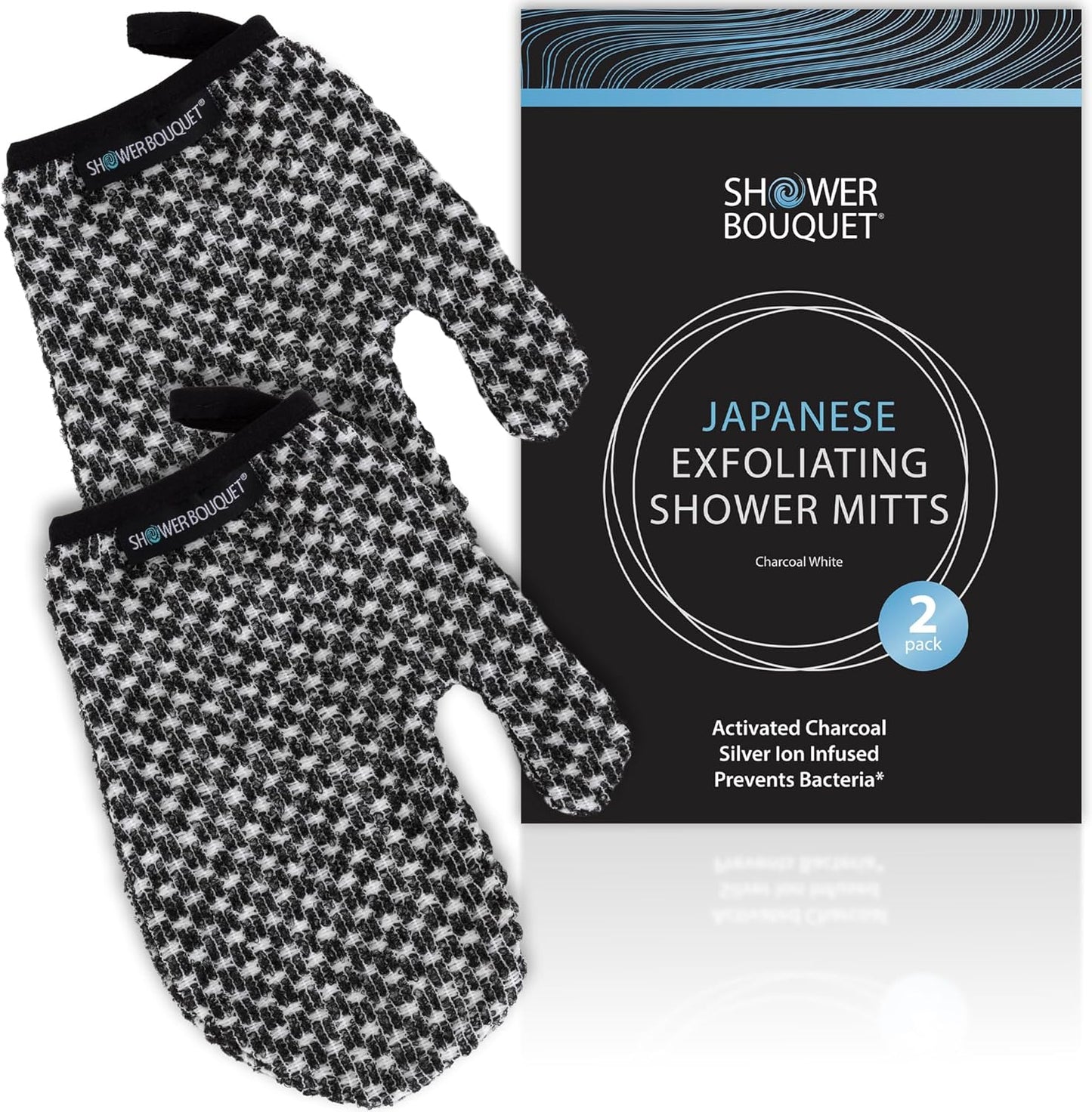 Japanese Exfoliating Mitt 2-Pack - Charcoal & Silver Ion Exfoliating Gloves for Shower - Soft Inner Fabric Gentle Exfoliation & Deep Cleansing Body Scrub Gloves for All Skin Types - 2 White