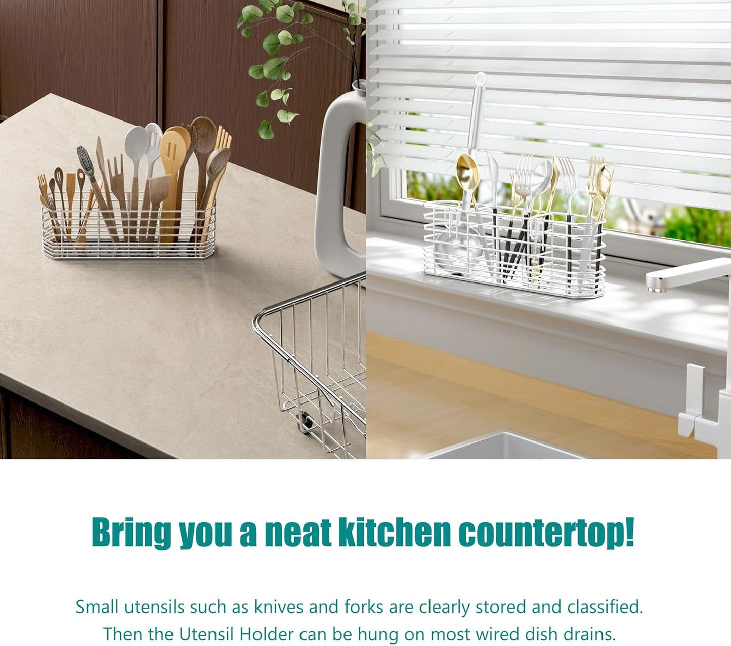 304 Stainless Steel Utensil Holder, Dish Drying Rack, kitchen Utensil Organizer, Knife and Fork Drainage Rack, Kitchen Drainage Basket Accessories, With Hooks, Rust Proof, Color-Silver