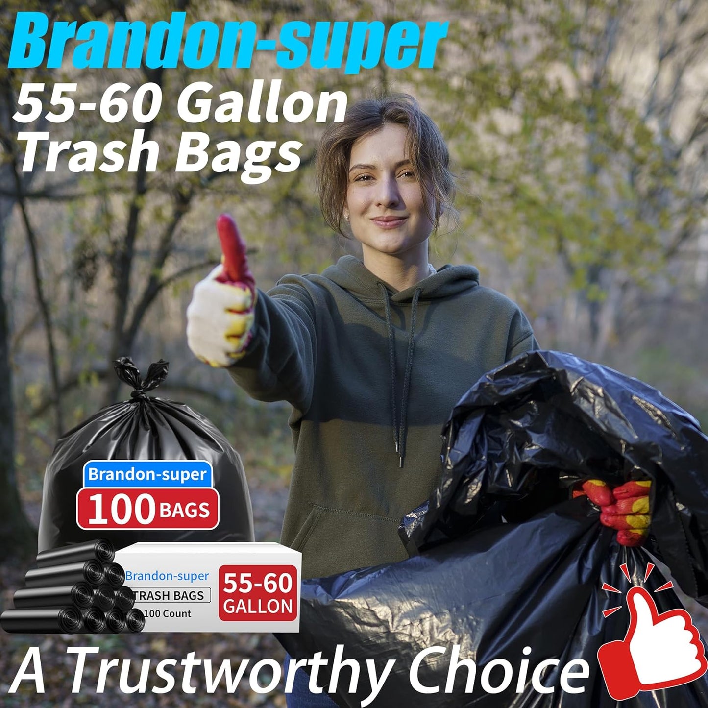 Brandon-super 55-60 Gallon Trash Bags, 50 count, Sturdy & Tear-Resistant Commercial Can Liners 55 Gallon, Large Garbage Bags, Large Black Trash Bags for Commercial, Lawn and Leaf Bags