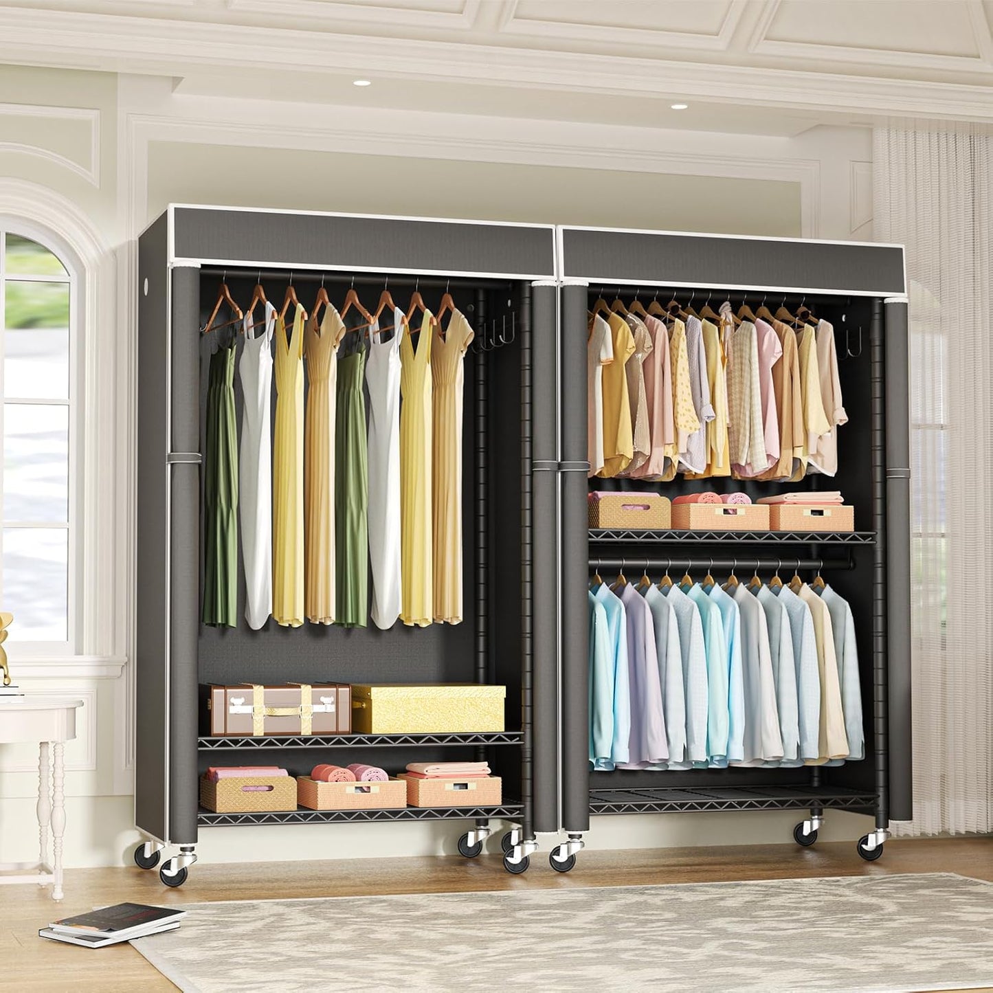 FUTASSI Black Clothing Rack with Dark Gray Cover, P1C Rolling Closets with Wheels, Metal Garment Rack for Hanging Clothes, Clothing Storage Wardrobe, 36.2" W x 16.5" D x 80.5" H, Load 450 Pounds