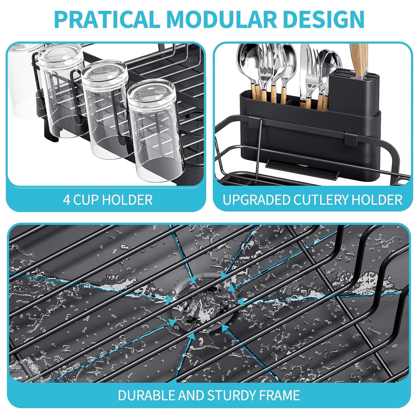 Dish Drying Rack for Kitchen Counter, Multifunctional Dish Drainer Rack, Kitchen Dish Rack, Sink Dishes Strainer, Plate Rack with Drain Board, Cup Holder, and Cutlery Holder,Medium Size Black